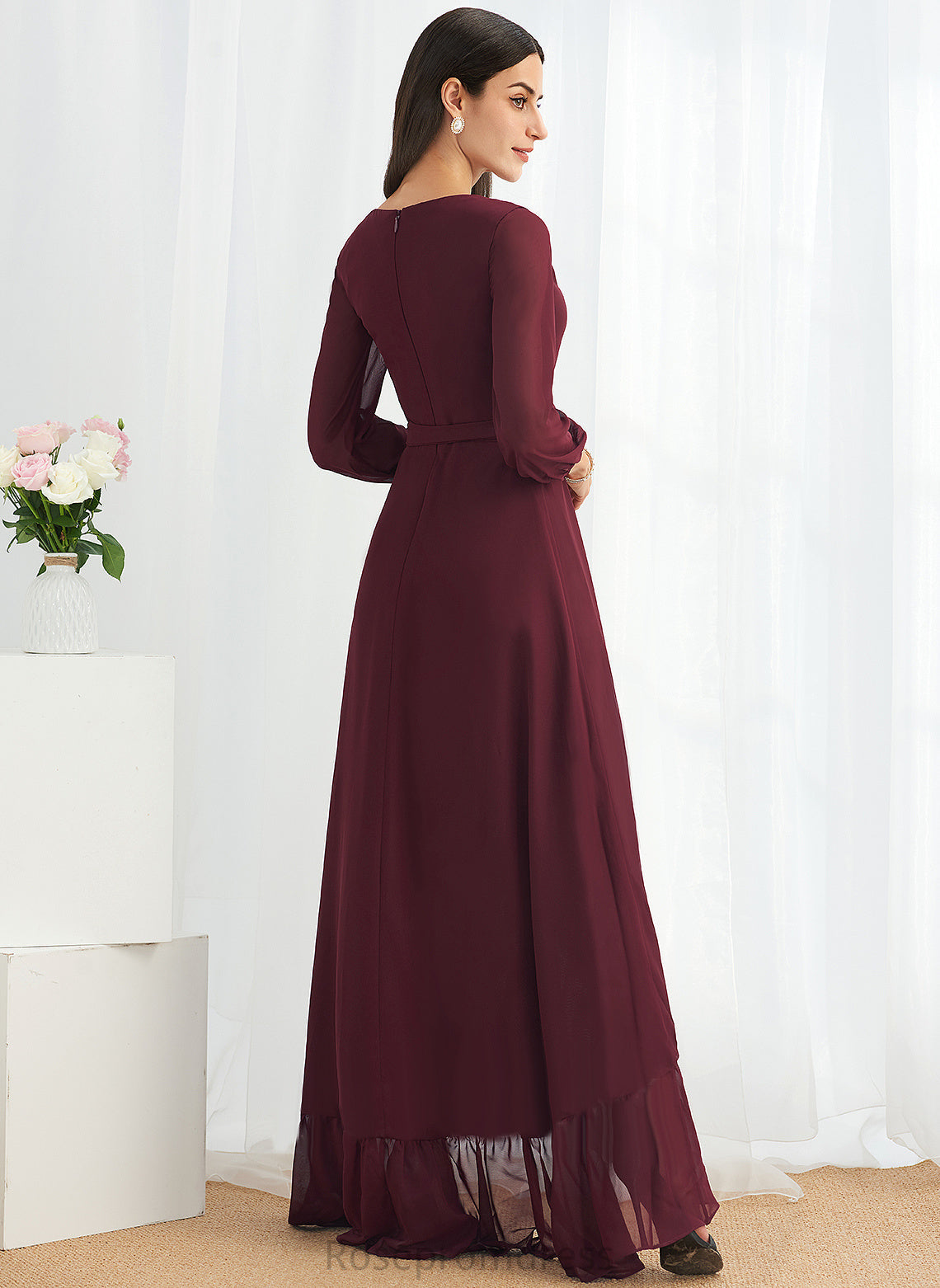 Length Embellishment A-Line Neckline Fabric Asymmetrical Ruffle V-neck Silhouette SplitFront Polly Bridesmaid Dresses