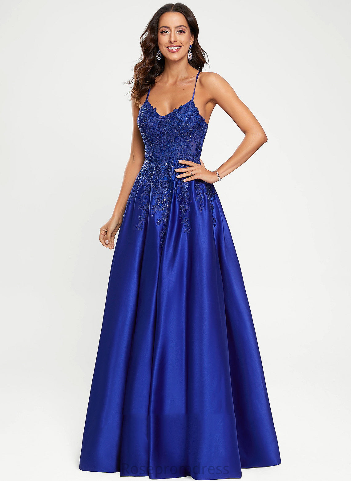 Floor-Length V-neck Prom Dresses Estrella Satin With Sequins A-Line