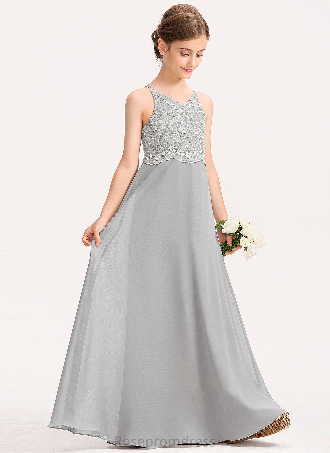 A-Line Junior Bridesmaid Dresses Janiah V-neck Chiffon Lace Floor-Length