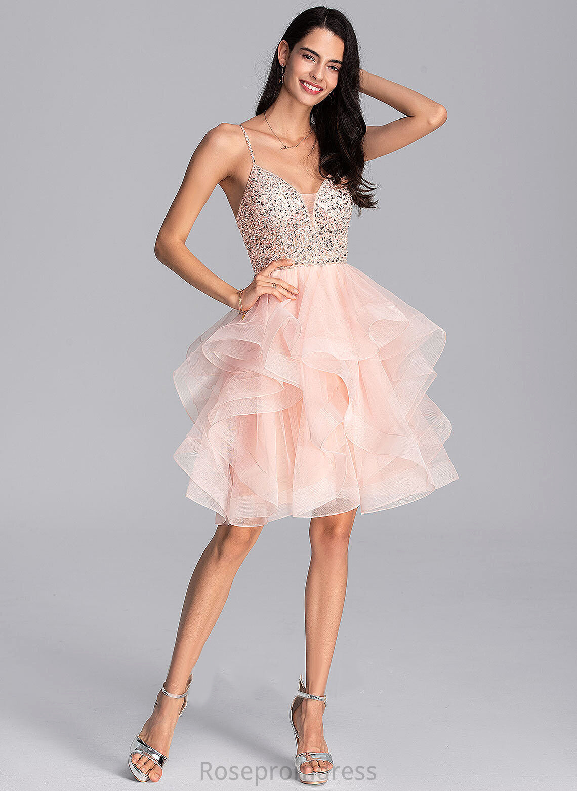 Dress V-neck Tulle Knee-Length Ball-Gown/Princess With Halle Beading Homecoming Dresses Homecoming Sequins