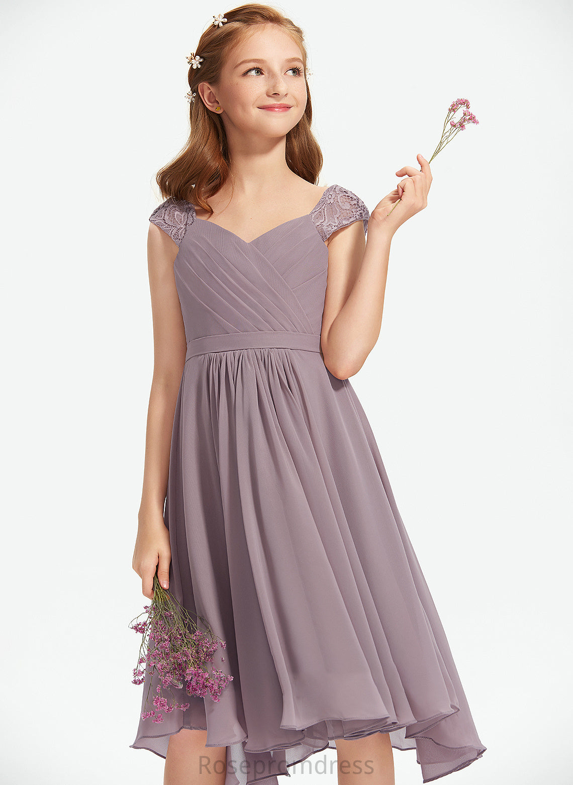 Ruffle With A-Line V-neck Catherine Lace Chiffon Knee-Length Junior Bridesmaid Dresses