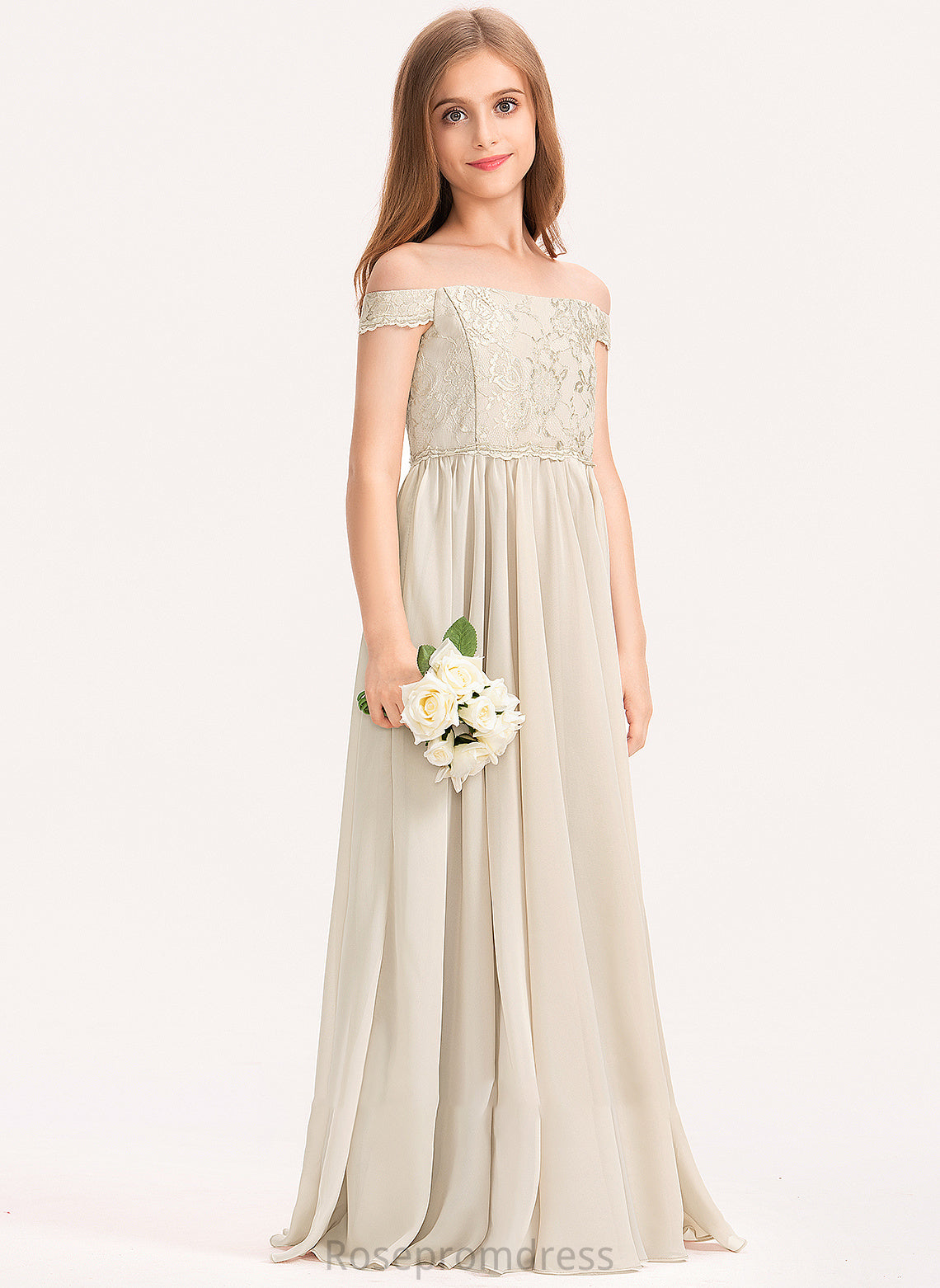 A-Line Off-the-Shoulder Floor-Length Lace Thelma Junior Bridesmaid Dresses Chiffon