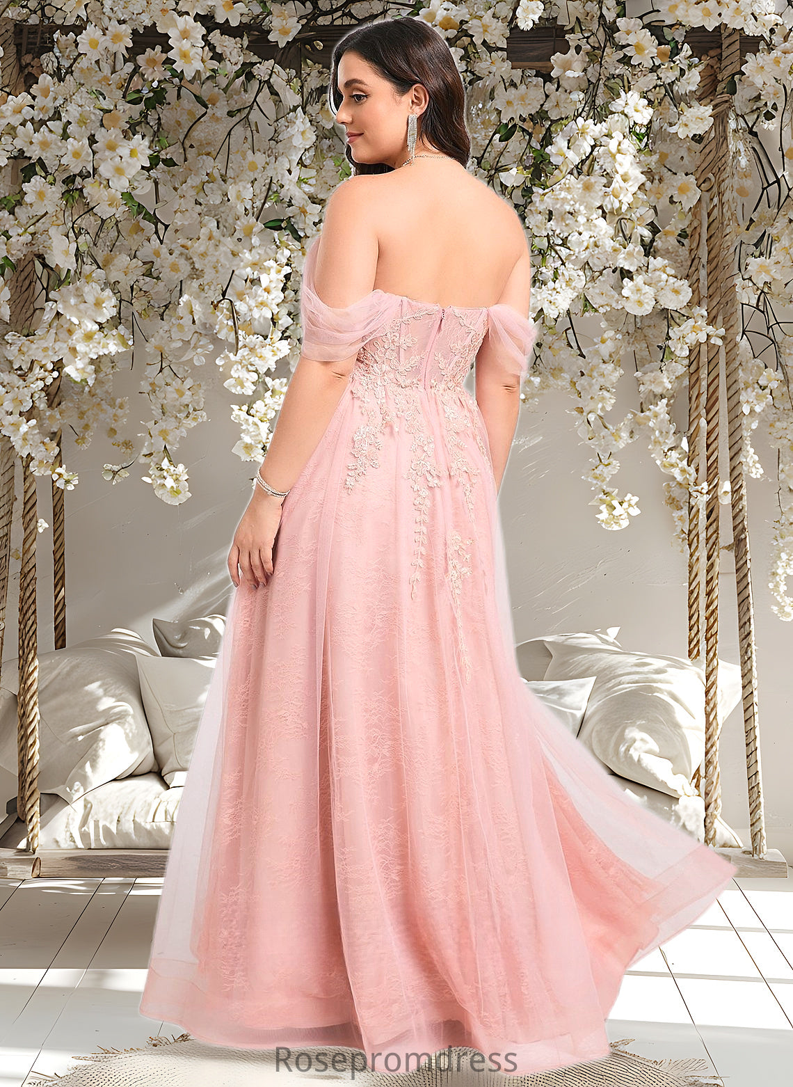 Monique A-line Sweetheart Off the Shoulder Floor-Length Tulle Floral Lace Prom Dresses With Appliques Lace DSP0025870