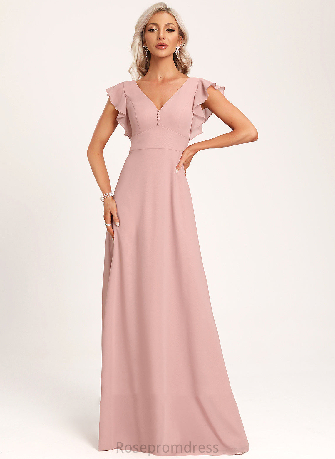 Fabric Floor-Length Length Silhouette Embellishment A-Line V-neck Ruffle Neckline Ivy Bridesmaid Dresses