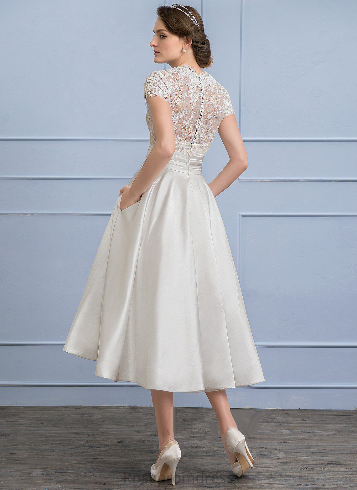 A-Line Lace Satin Ruffle Dress Tea-Length Wedding With Evangeline Wedding Dresses Pockets V-neck