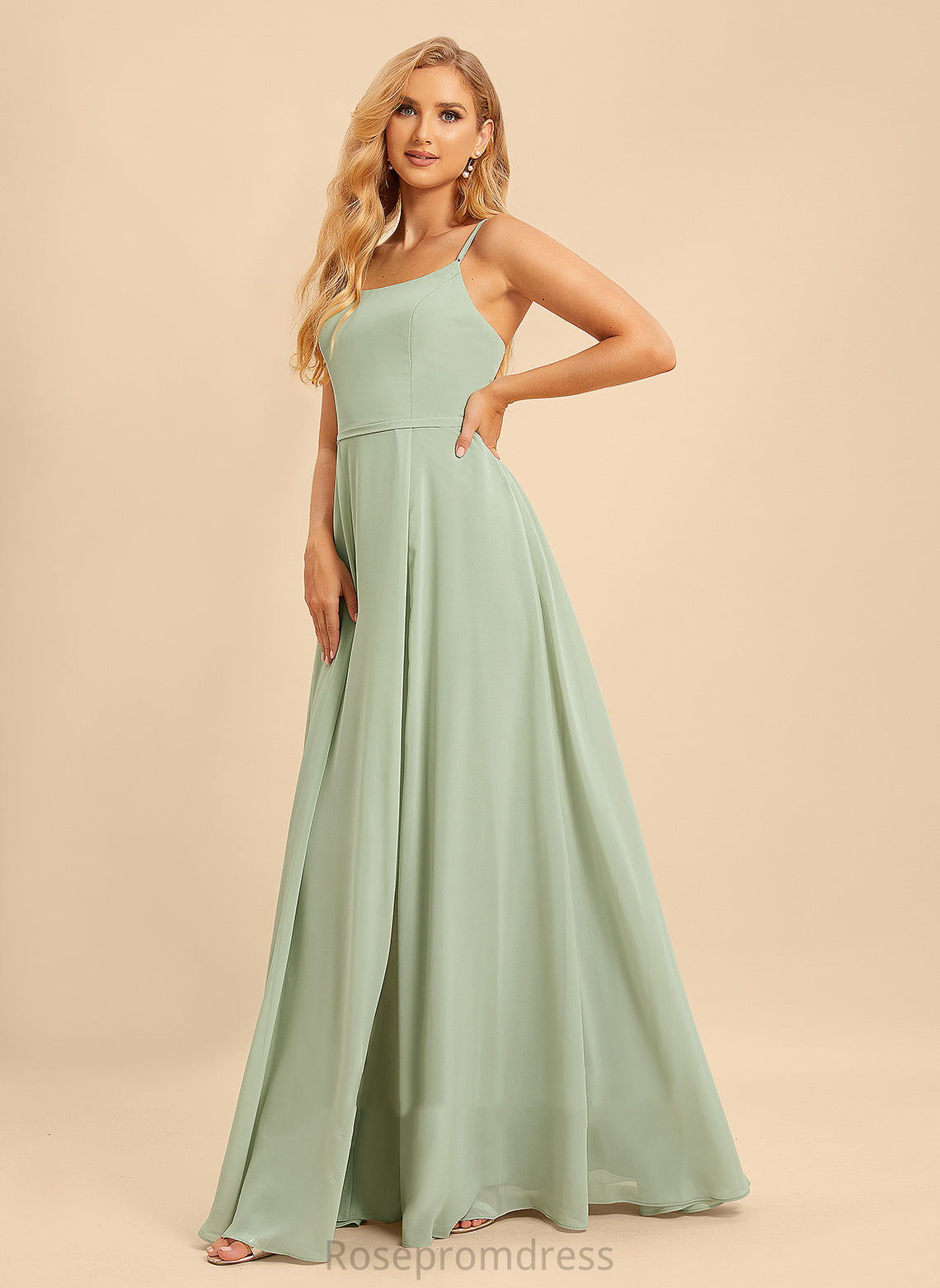 Floor-Length SquareNeckline Neckline Embellishment Length SplitFront A-Line Silhouette Fabric Reina Bridesmaid Dresses