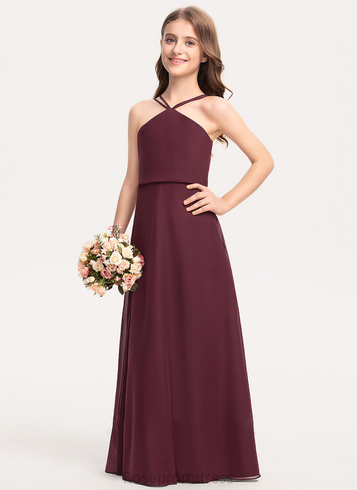 V-neck Floor-Length Elle Junior Bridesmaid Dresses Chiffon A-Line