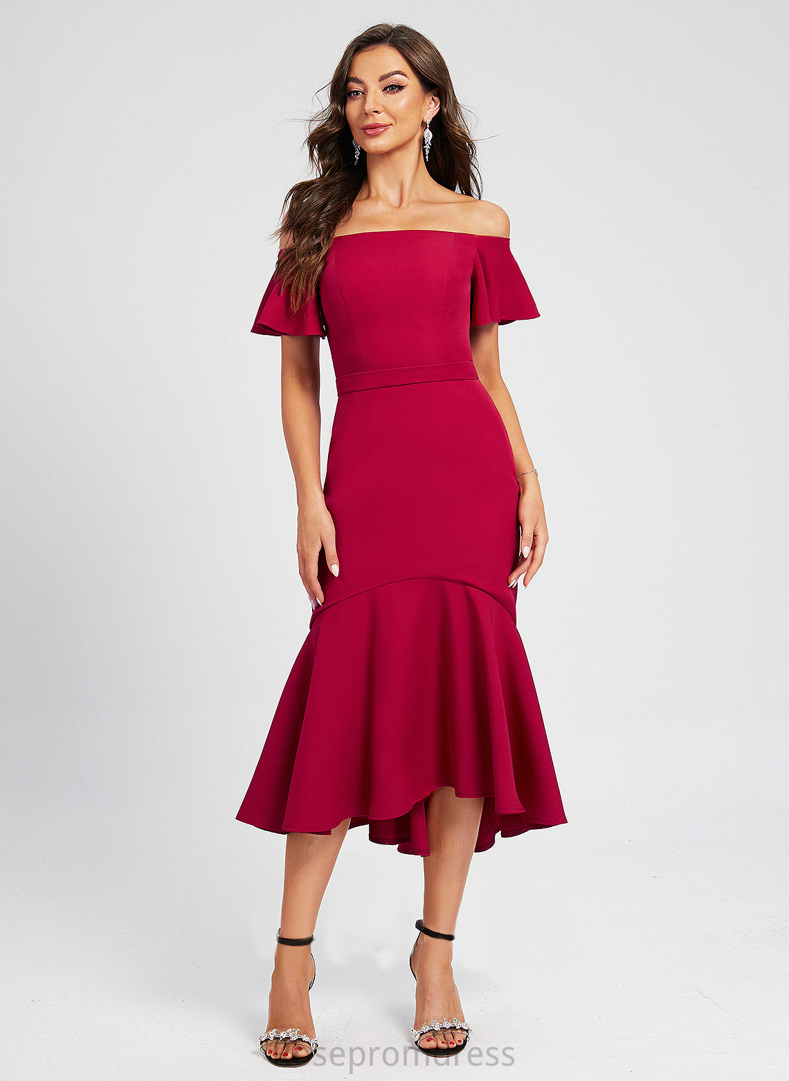 Cocktail Crepe With Dress Off-the-Shoulder Ruffle Trumpet/Mermaid Samantha Stretch Cocktail Dresses Asymmetrical