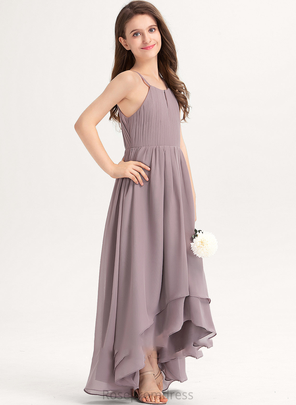 A-Line Ruffle Bow(s) Kiley Neck Junior Bridesmaid Dresses With Asymmetrical Chiffon Scoop