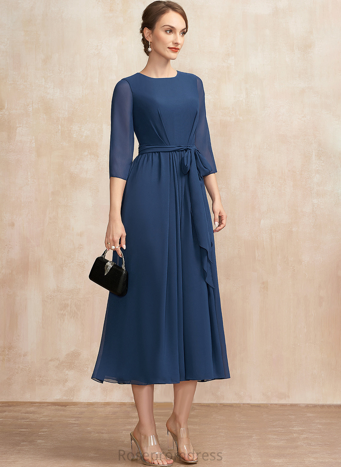 A-Line Cocktail Dresses Neck With Madge Cocktail Bow(s) Tea-Length Dress Chiffon Ruffle Scoop