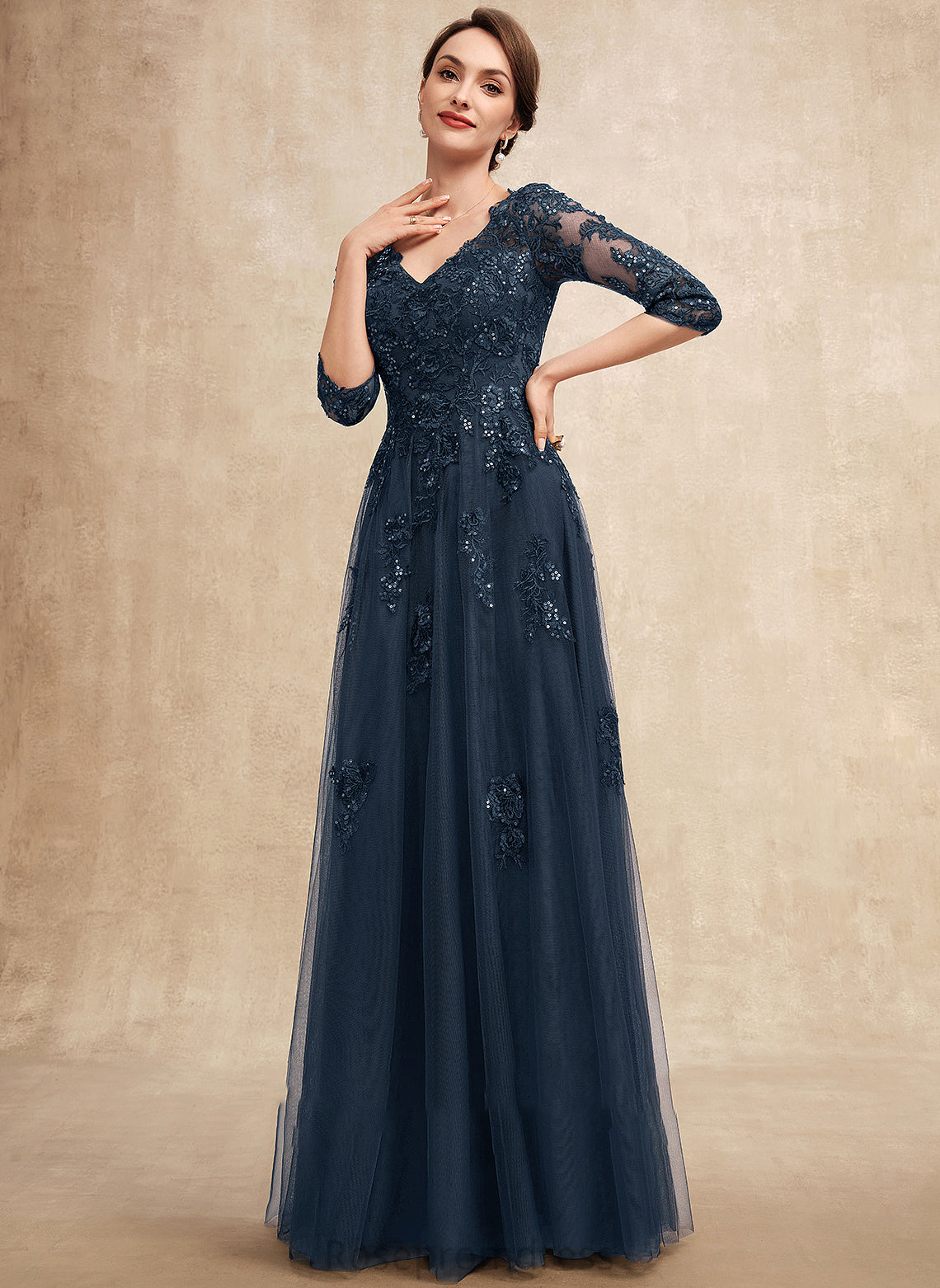 With Mother the A-Line Lace of Bride V-neck Mother of the Bride Dresses Dress Floor-Length Sequins Tulle Addisyn