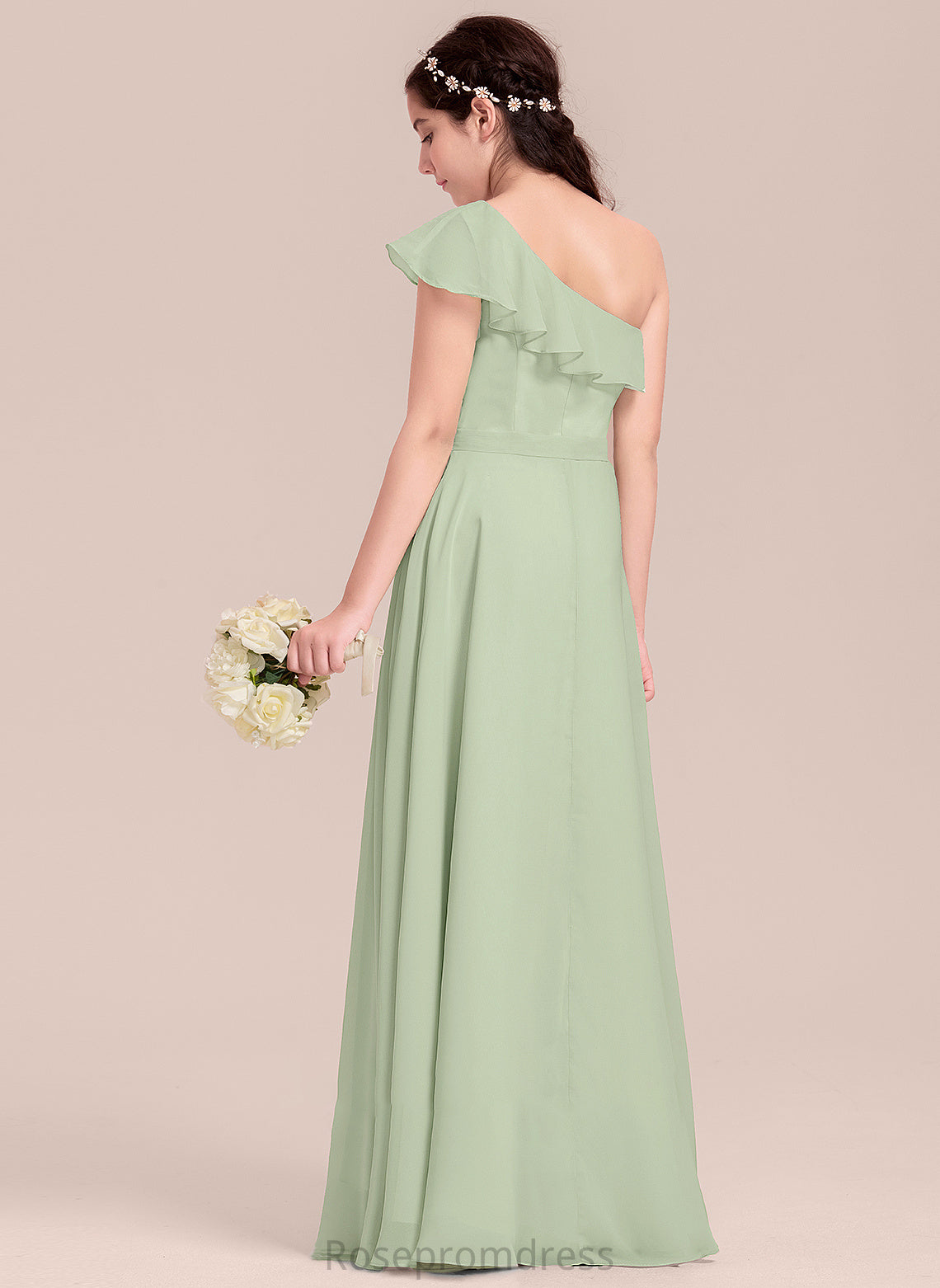 A-Line One-Shoulder Cascading Ruffles Holly Junior Bridesmaid Dresses Chiffon Floor-Length With