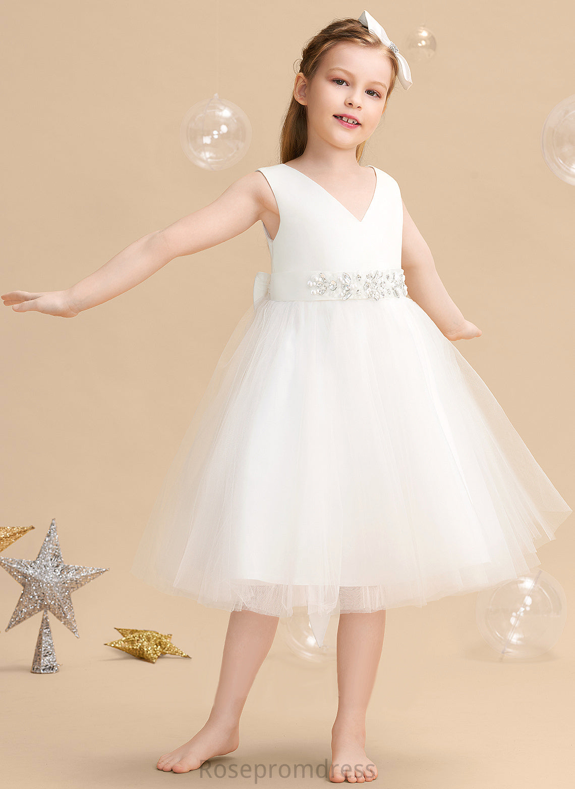 Satin/Tulle V-neck Flower Girl Flower Girl Dresses Dress - With Sleeveless Bow(s) Karlee Knee-length A-Line