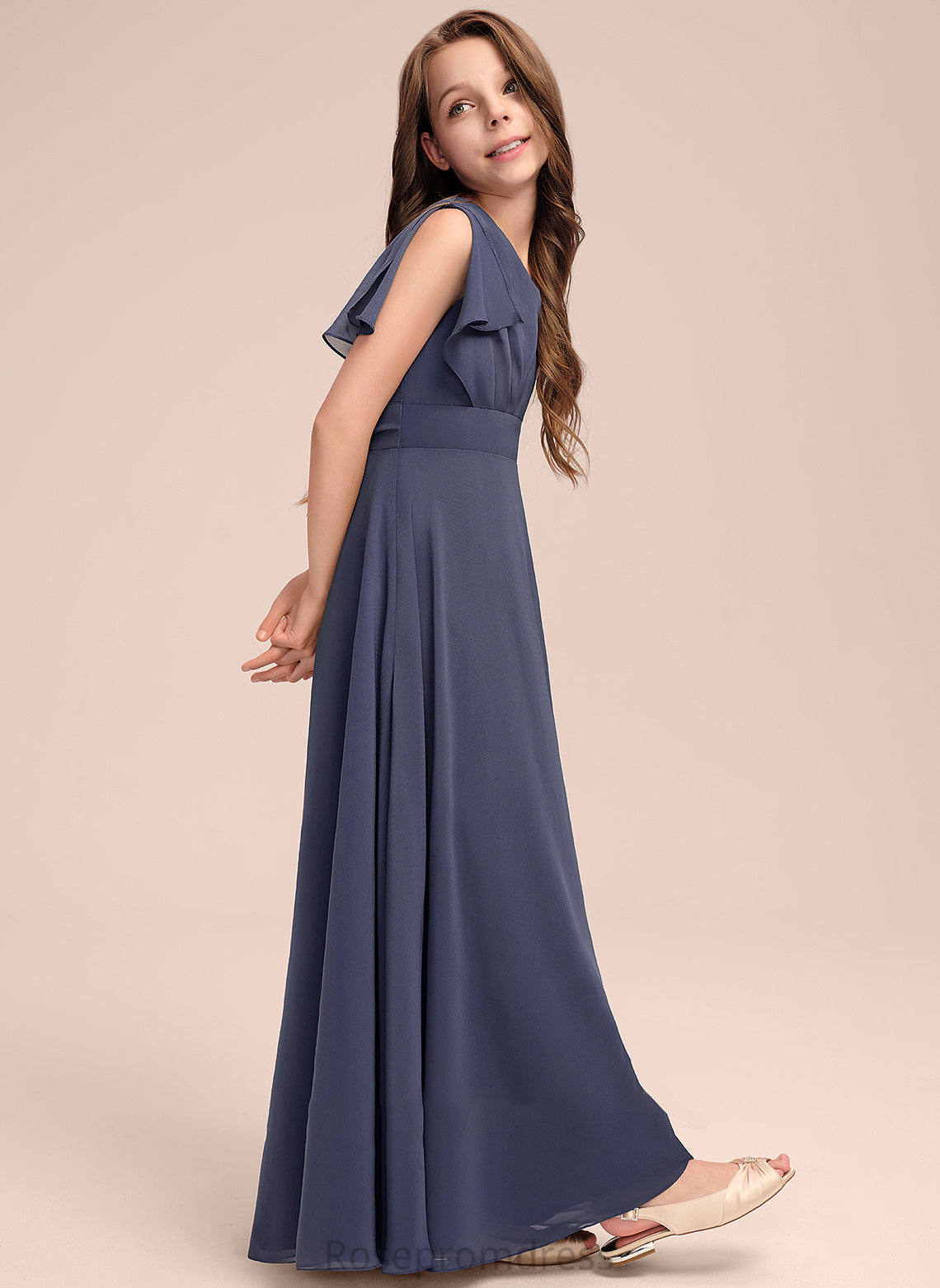 With Nicky V-neck Floor-Length Bow(s) A-Line Ruffle Junior Bridesmaid Dresses Chiffon