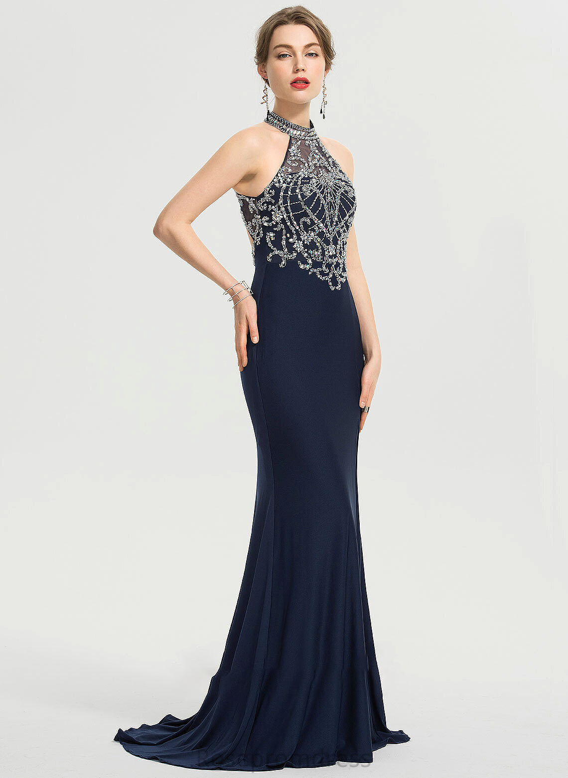 Prom Dresses Train Front Sweep Neck Adrianna Split Scoop Beading Sheath/Column Jersey With Sequins