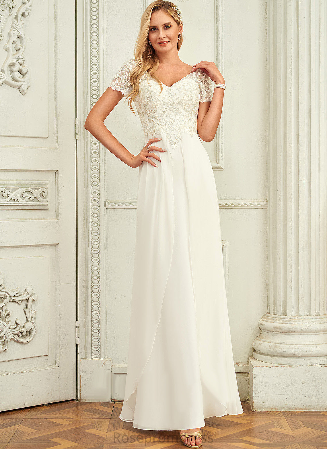 Emelia Floor-Length Wedding Chiffon Wedding Dresses A-Line V-neck Dress