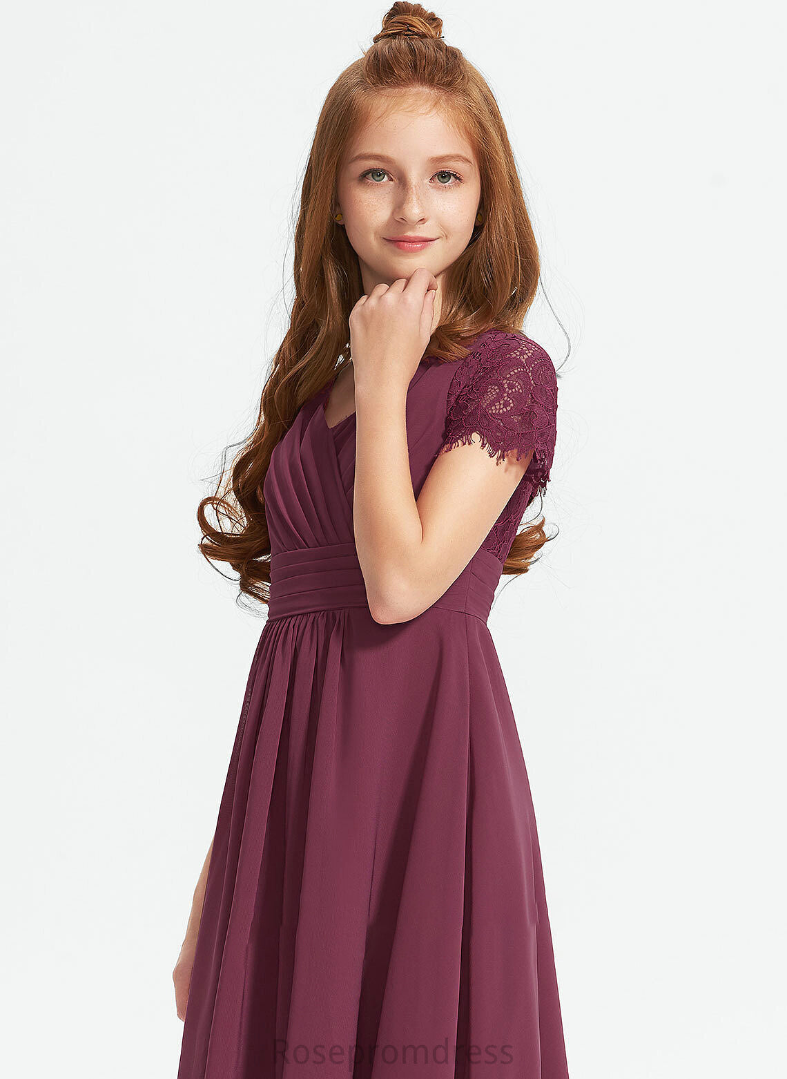 A-Line V-neck Ruffle Junior Bridesmaid Dresses Asymmetrical Katie With Chiffon Lace