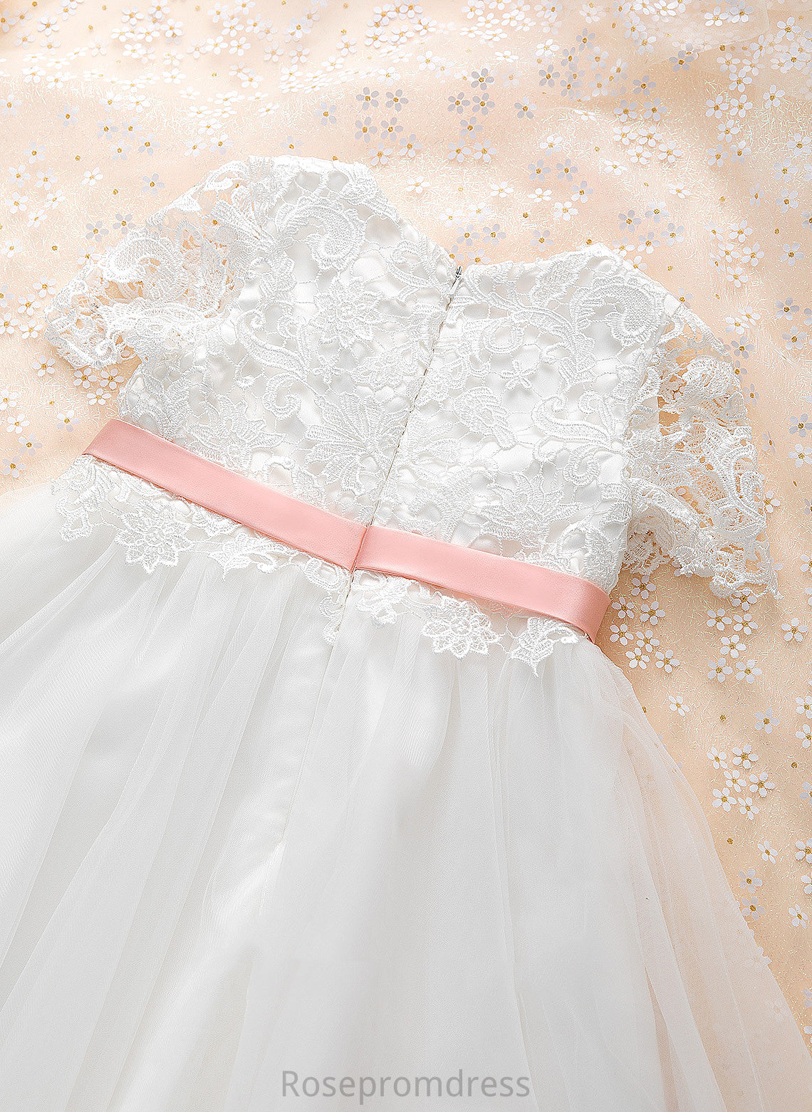 With Flower Tulle/Lace A-Line Sash/Flower(s) Dress Neck Knee-length Short Girl - Flower Girl Dresses Scoop Kallie Sleeves