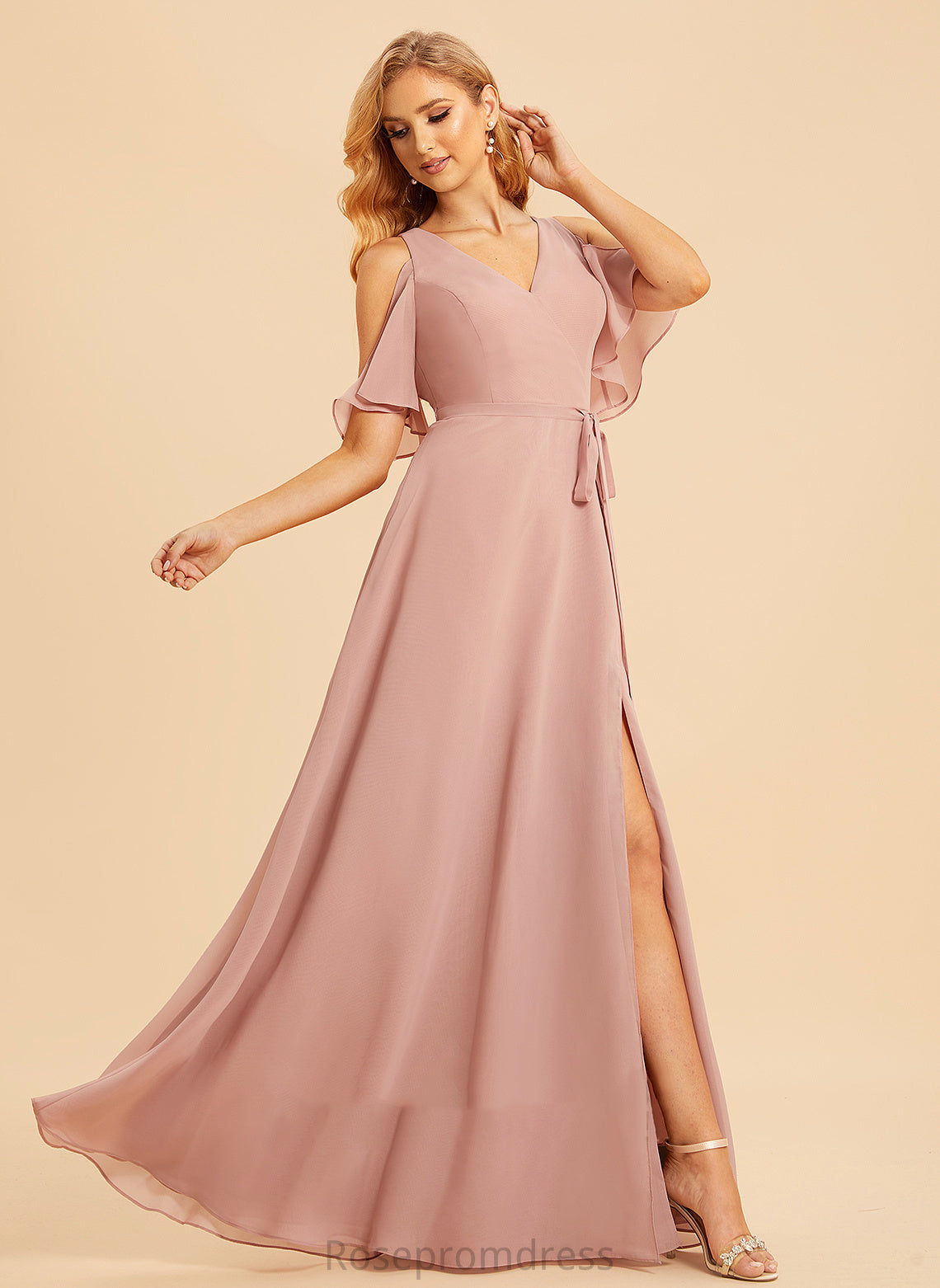 A-Line Fabric Floor-Length Neckline Embellishment SplitFront Silhouette V-neck Length Myla Straps Natural Waist Bridesmaid Dresses