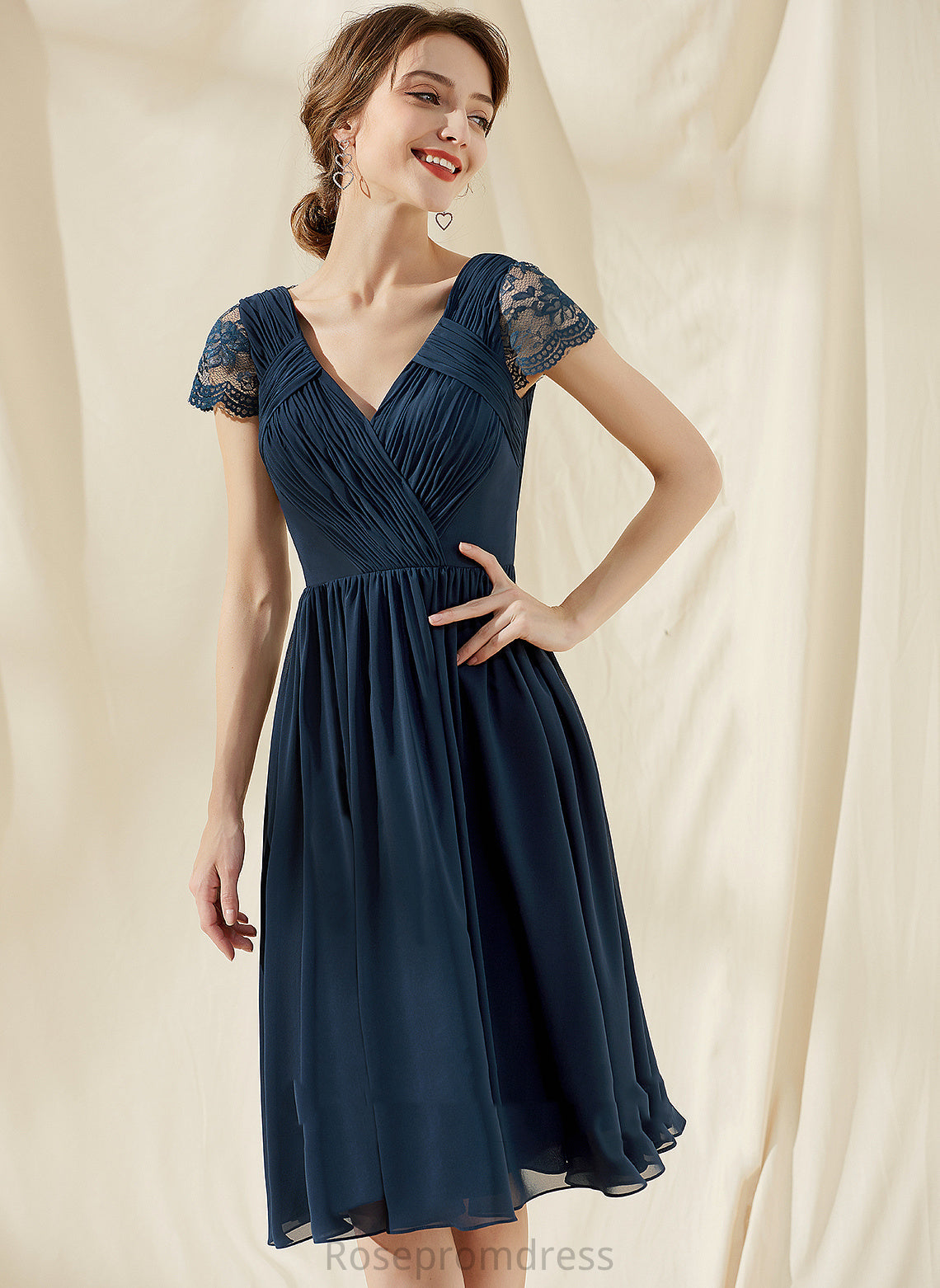 Chiffon With Lace A-Line Homecoming V-neck Knee-Length Dress Homecoming Dresses Ruffle Melina