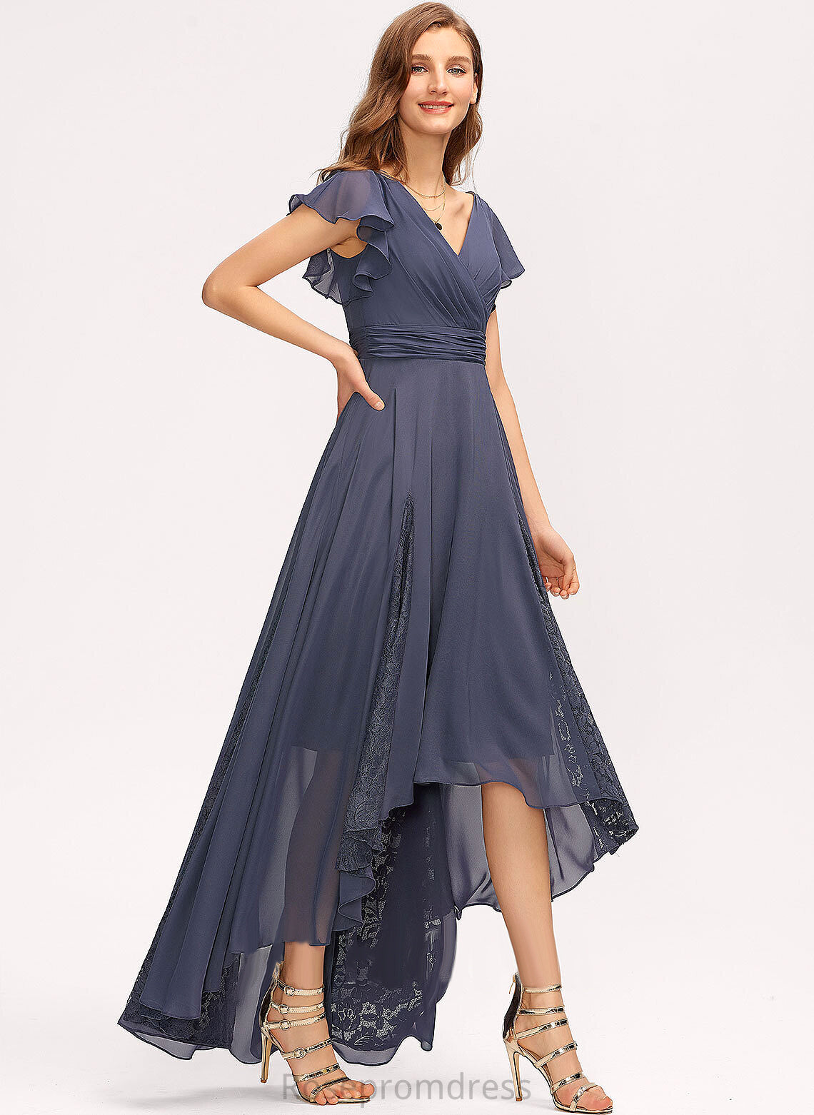 A-Line Fabric Silhouette Pleated Asymmetrical Length Neckline V-neck Embellishment Eliana Natural Waist Floor Length Bridesmaid Dresses