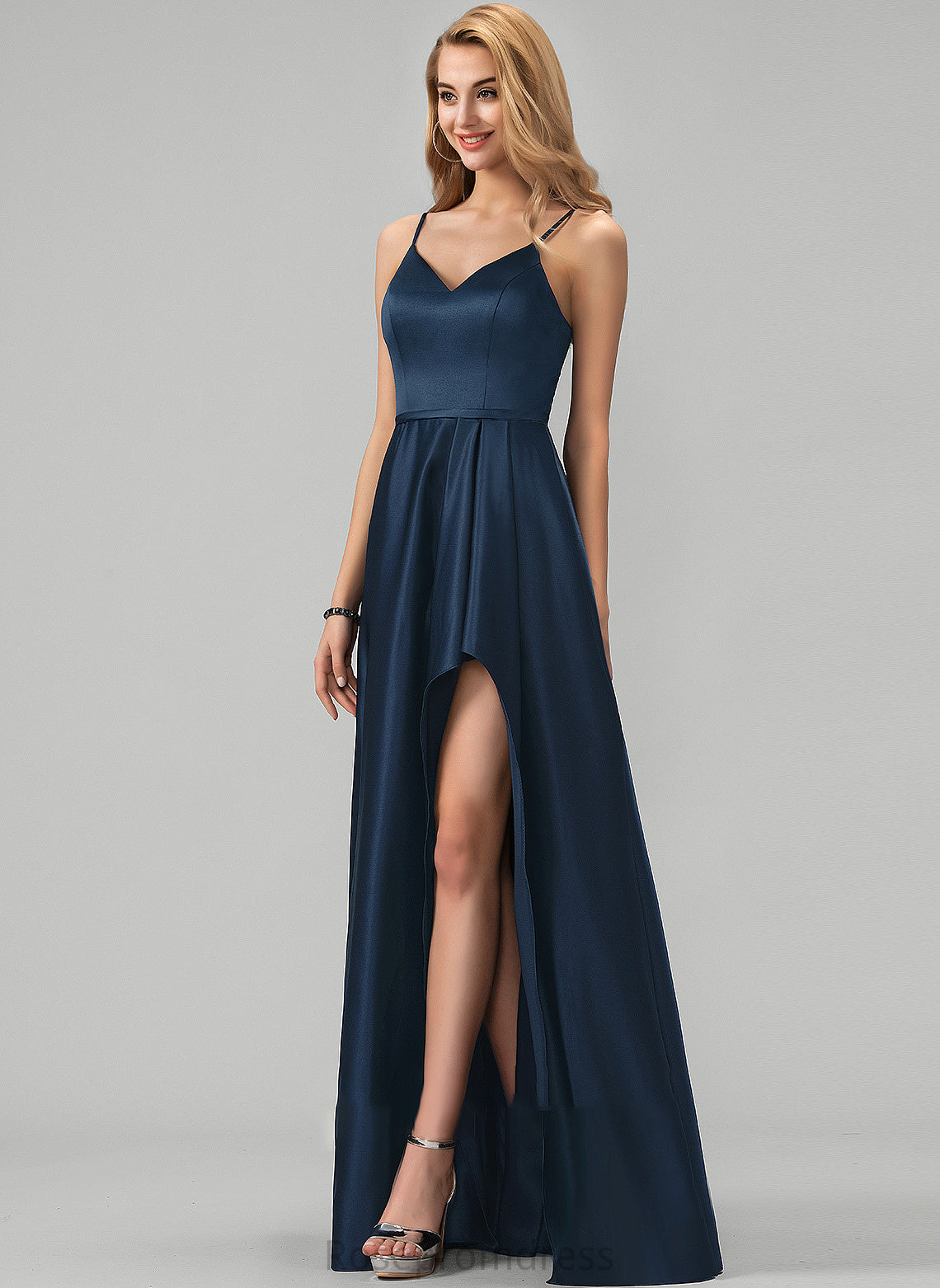 Front With Prom Dresses Split Lesley Floor-Length Cascading V-neck Ruffles Satin A-Line