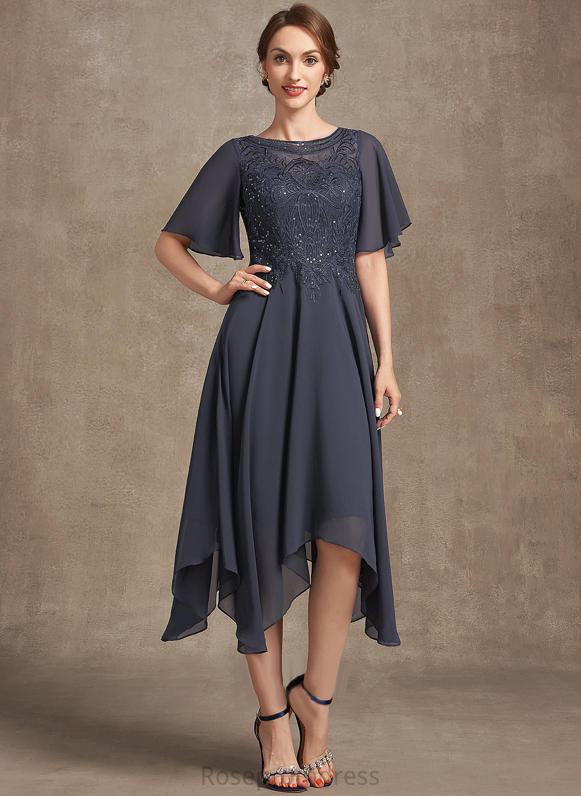 the Bride Scoop With Mother Mother of the Bride Dresses A-Line Lace Sequins Neck Dress Makaila of Tea-Length Chiffon