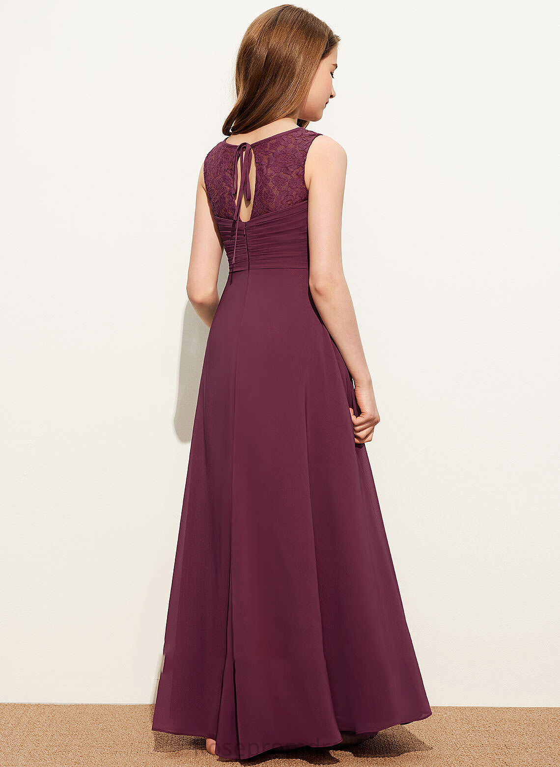 Bow(s) Floor-Length Gracie Ruffle Chiffon Scoop Neck Junior Bridesmaid Dresses A-Line Lace With