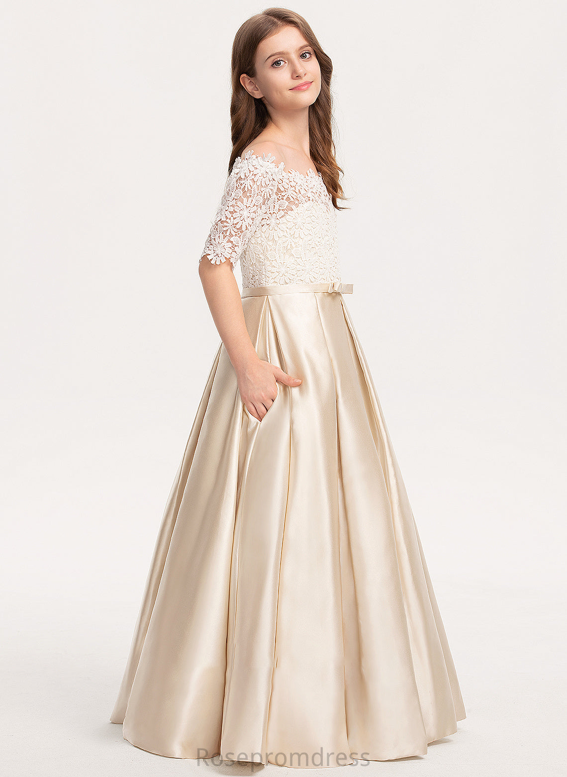 Bow(s) Satin Off-the-Shoulder Ball-Gown/Princess Lace Junior Bridesmaid Dresses Floor-Length Imani With Pockets