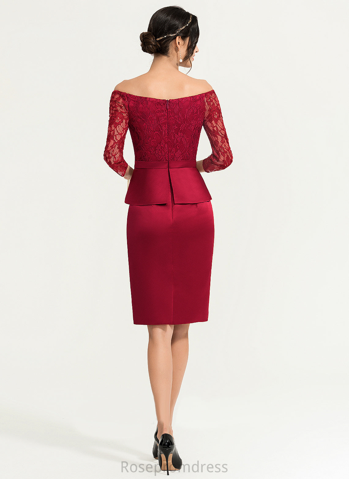 Cocktail Satin Sheath/Column Lace Off-the-Shoulder Knee-Length Dress Cocktail Dresses Miriam