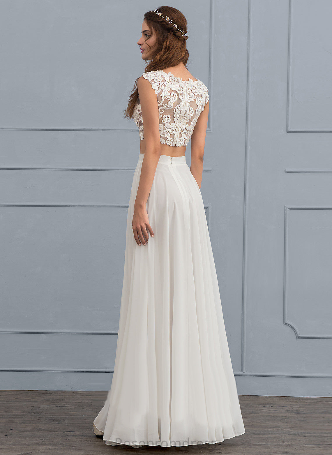 Lace Beading Wedding A-Line Dress Chiffon Neck Floor-Length Sequins Wedding Dresses With Scoop Elianna