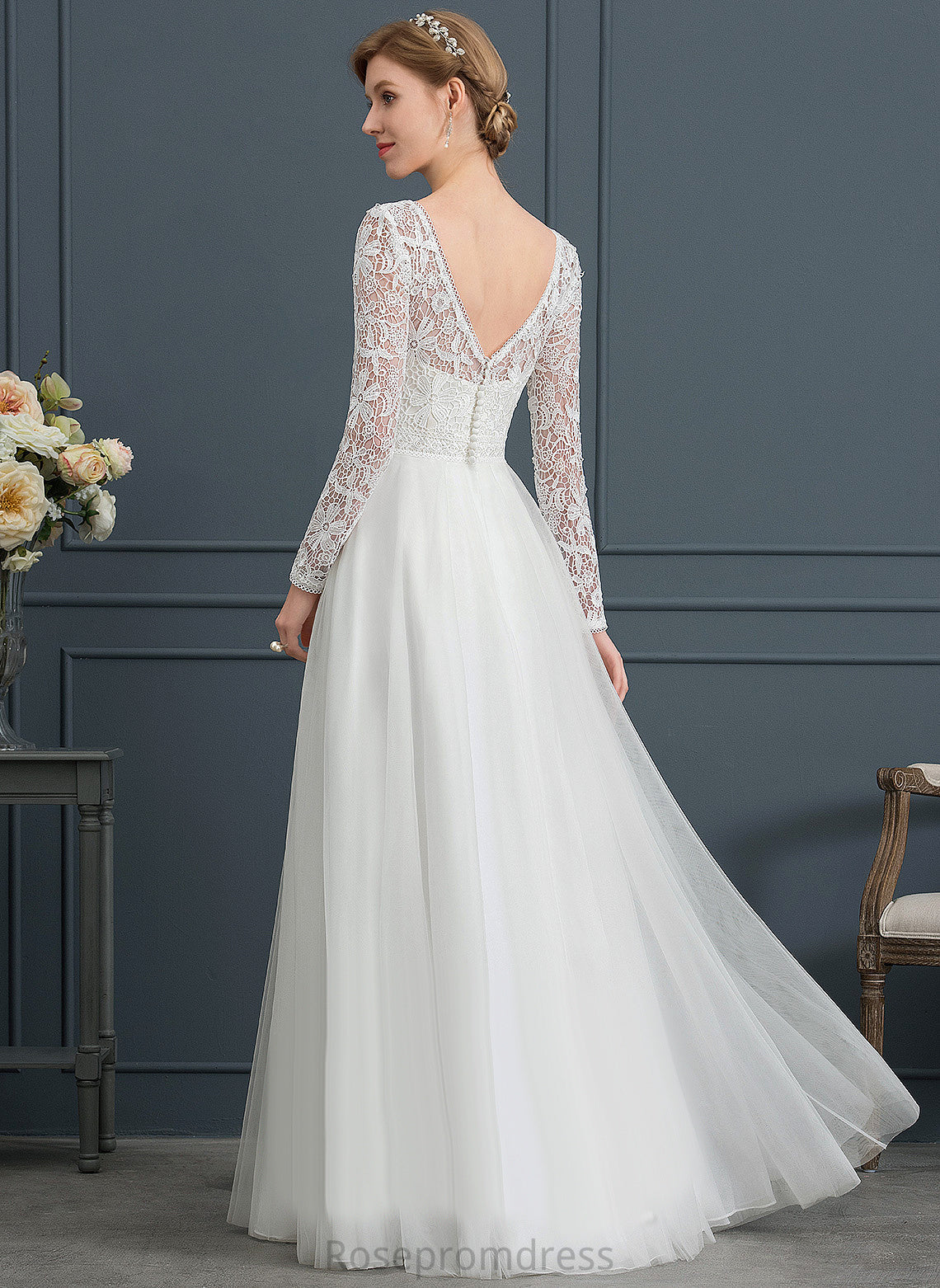 A-Line Wedding Dresses Wedding Lace Floor-Length V-neck Paulina Tulle Dress