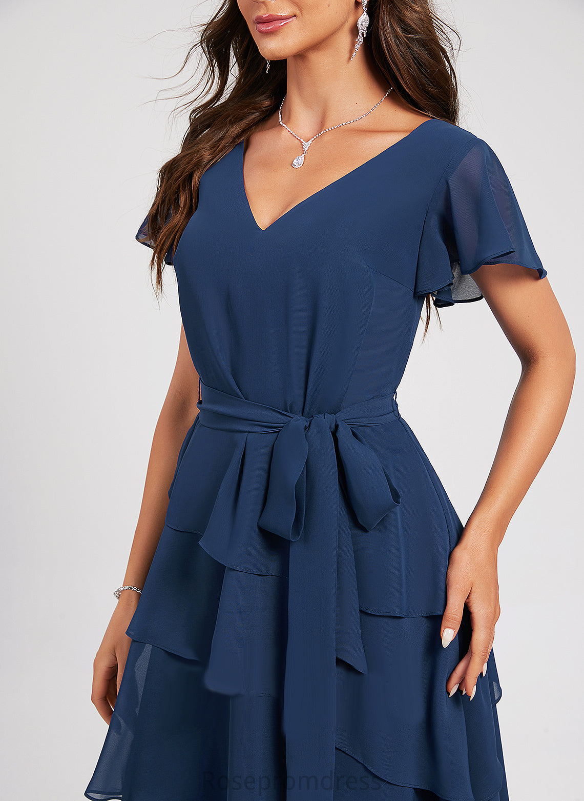 Ruffle Chiffon Dress Knee-Length Sash A-Line With V-neck Cocktail Chloe Cocktail Dresses