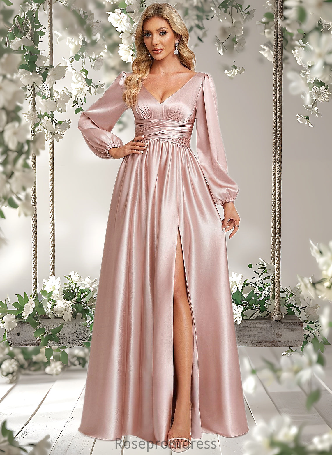 Logan A-line V-Neck Floor-Length Stretch Satin Prom Dresses DSP0025880