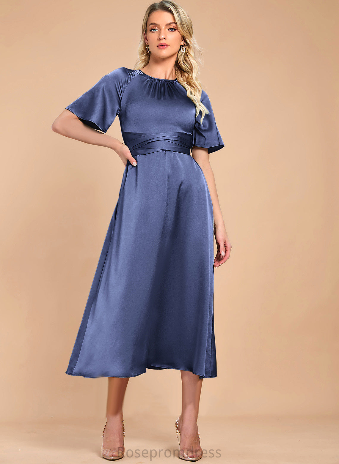 Sleeves Round Elegant Neck Luna A-line Midi Short Club Dresses Satin Dresses