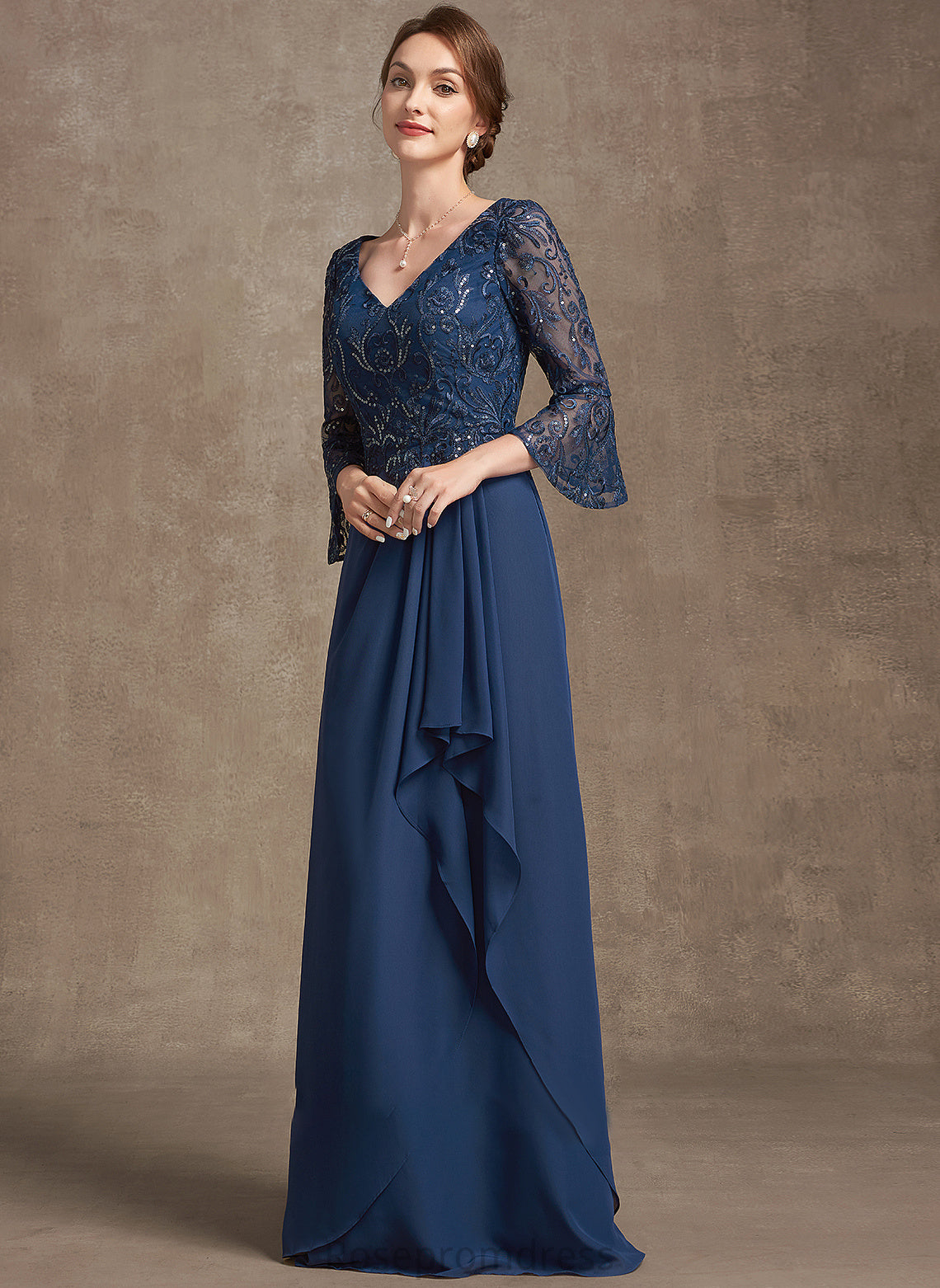 Mother Floor-Length Lailah Sequins Ruffles Lace V-neck Dress the A-Line Mother of the Bride Dresses Bride of With Cascading Chiffon