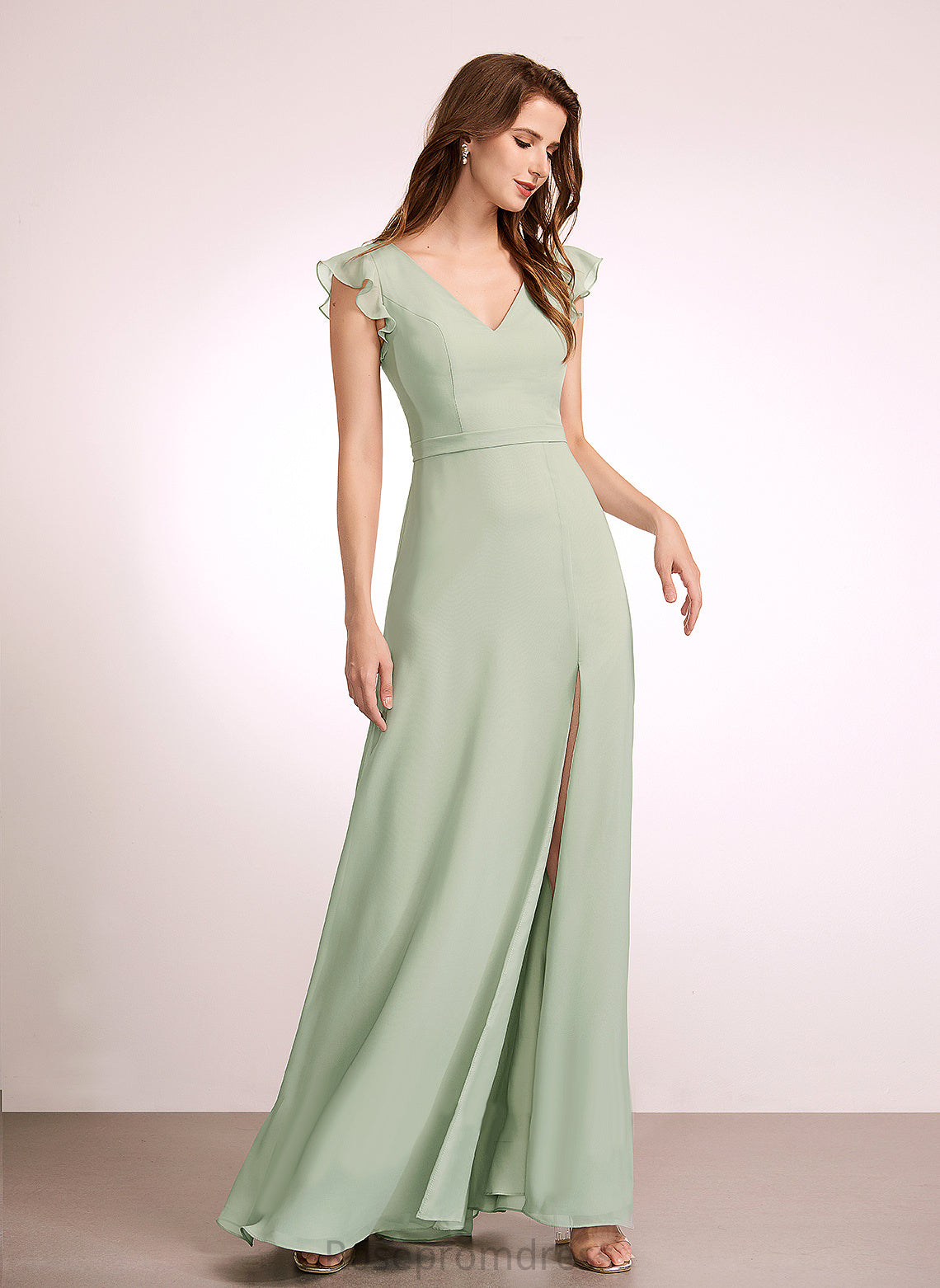 Embellishment A-Line V-neck Silhouette Fabric Length SplitFront Neckline Floor-Length Cristal Sleeveless Natural Waist Bridesmaid Dresses