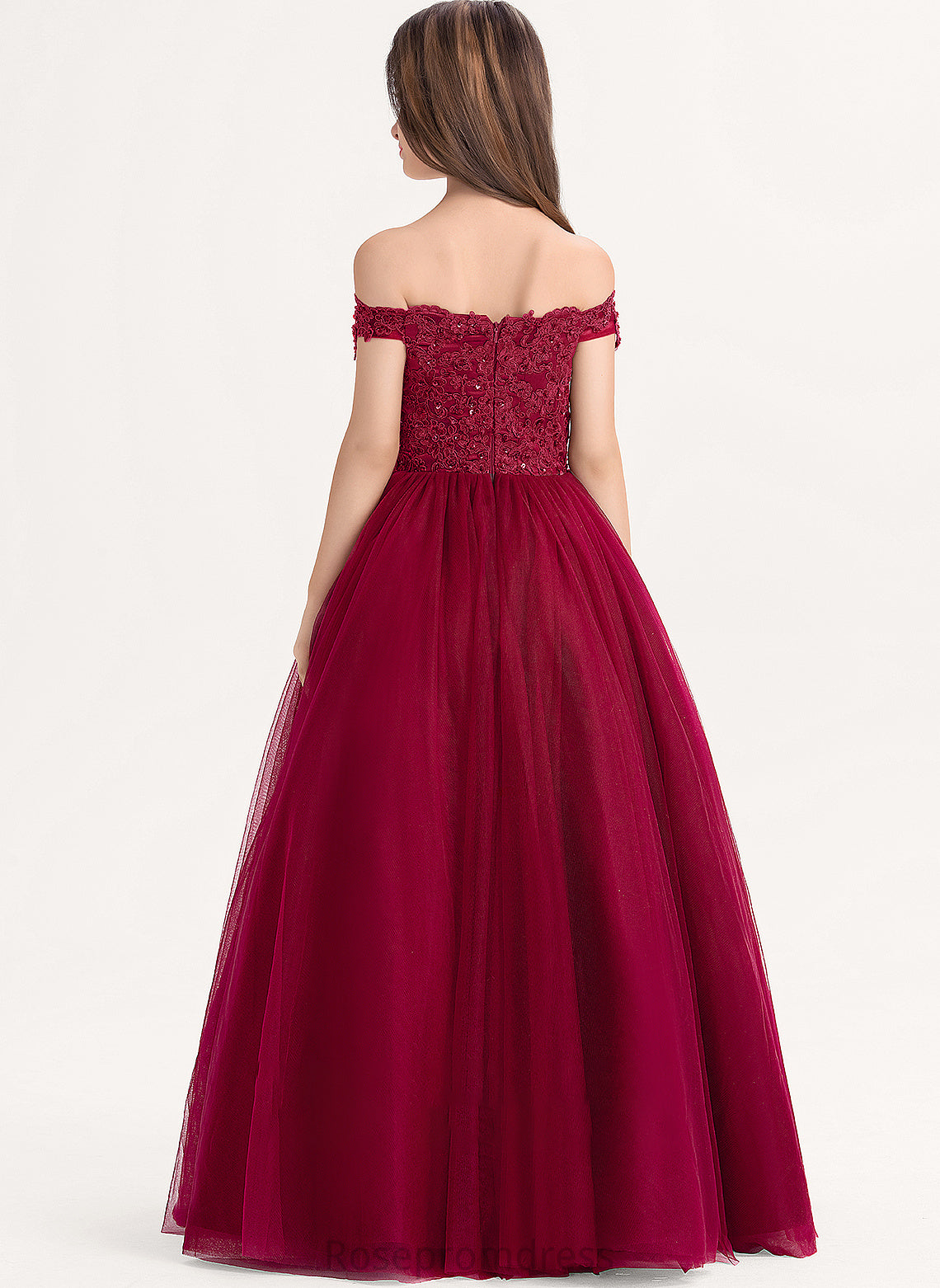 Junior Bridesmaid Dresses Greta Beading Tulle Floor-Length Off-the-Shoulder Lace Sequins Ball-Gown/Princess With