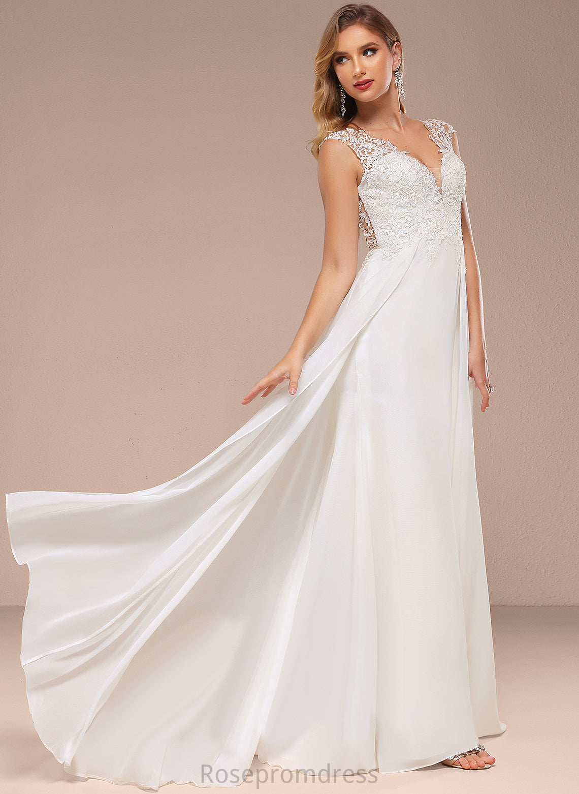 Wedding Dresses Train V-neck Sweep A-Line Emilee Dress Chiffon Lace Wedding