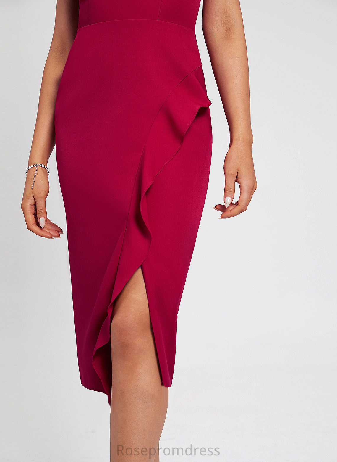 Cocktail Dresses Crepe Cocktail Sheath/Column Split Vivian Knee-Length V-neck Front Stretch Ruffle Dress With