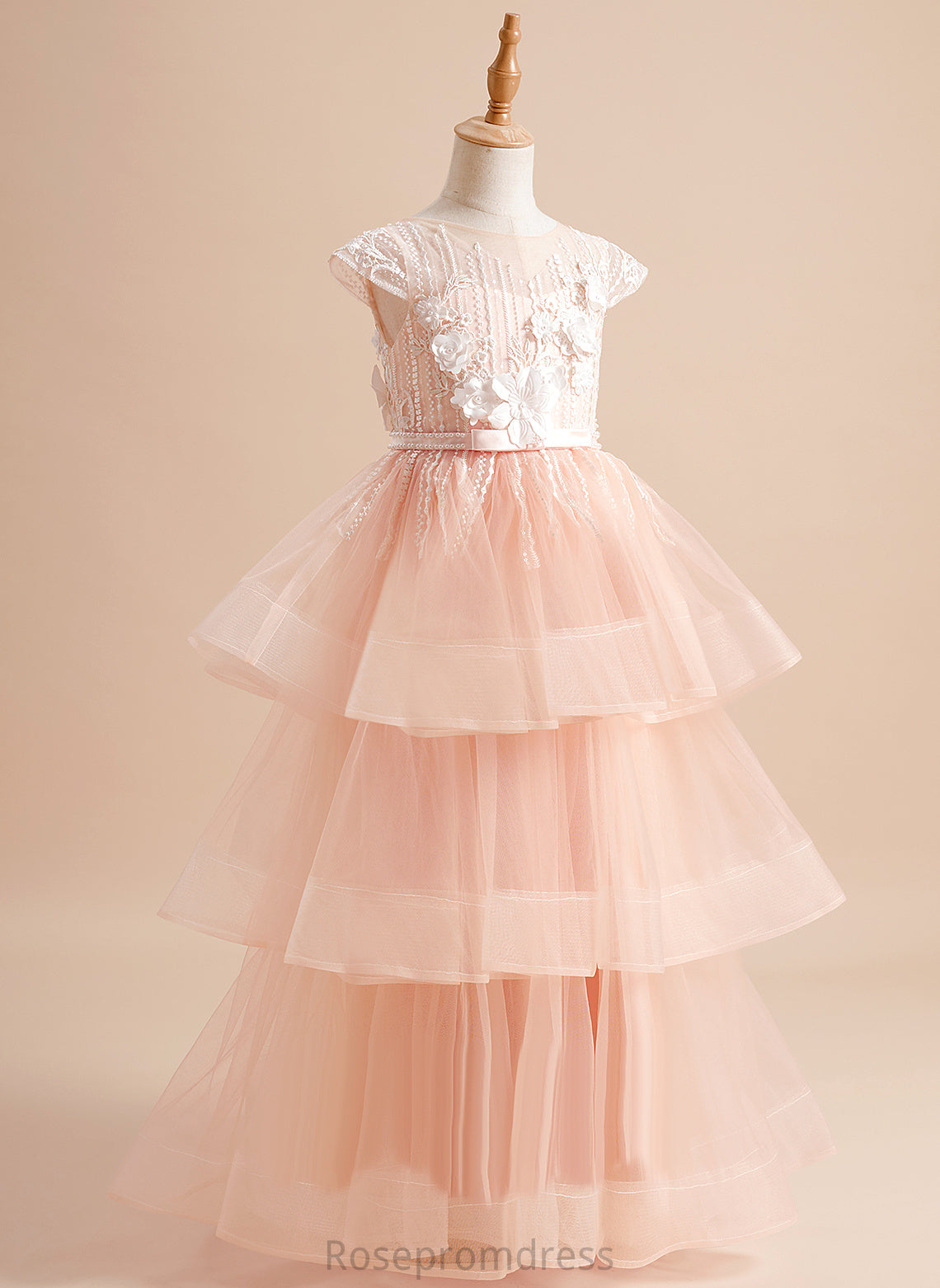 Neck Short Tulle Scoop Ball-Gown/Princess Dress Floor-length Beading/Flower(s)/Bow(s) Flower Sleeves With - Hanna Flower Girl Dresses Girl