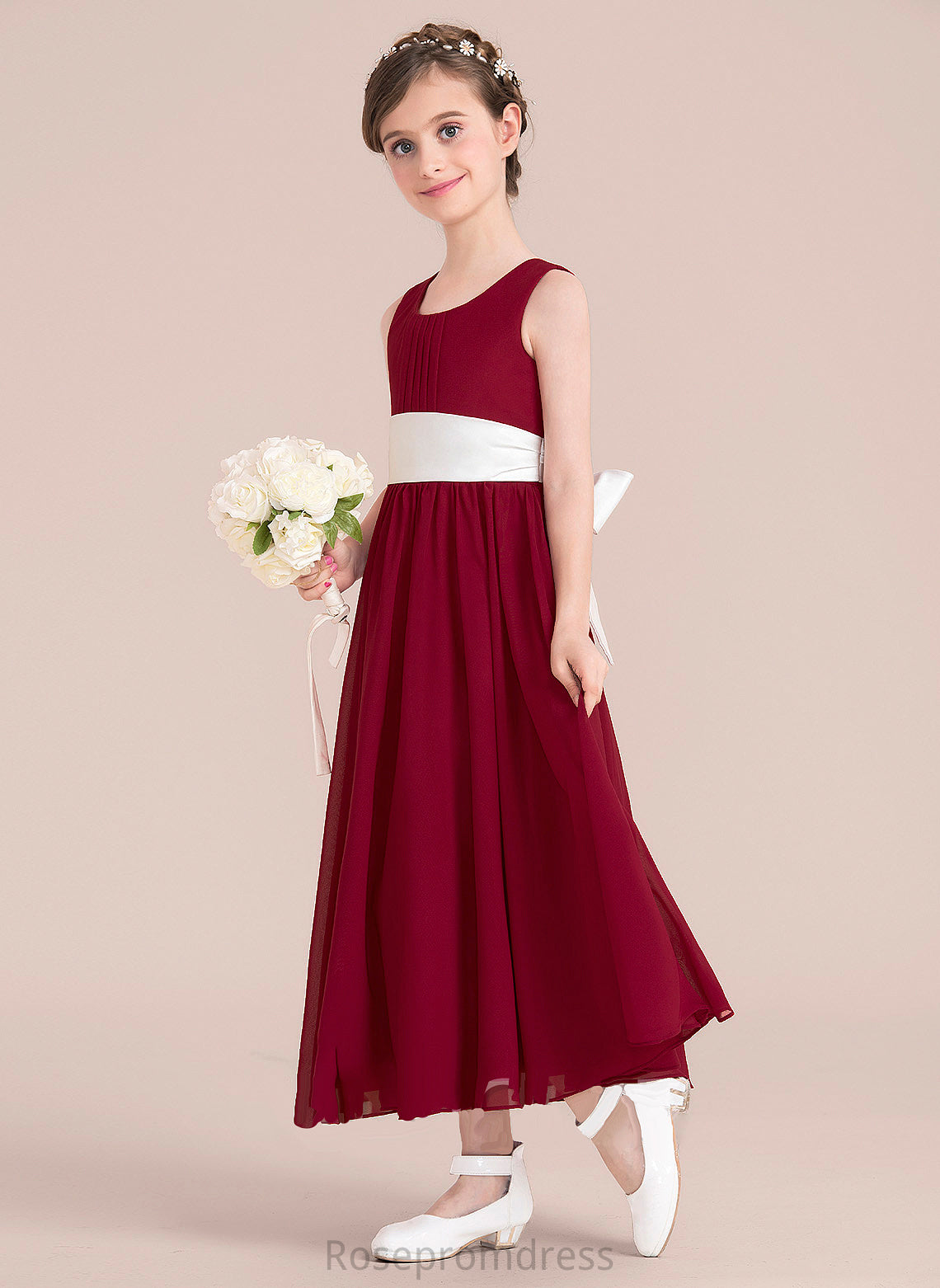 Ankle-Length Empire Junior Bridesmaid Dresses Scoop A-Line Bow(s) Sash Chiffon Neck Aurora With