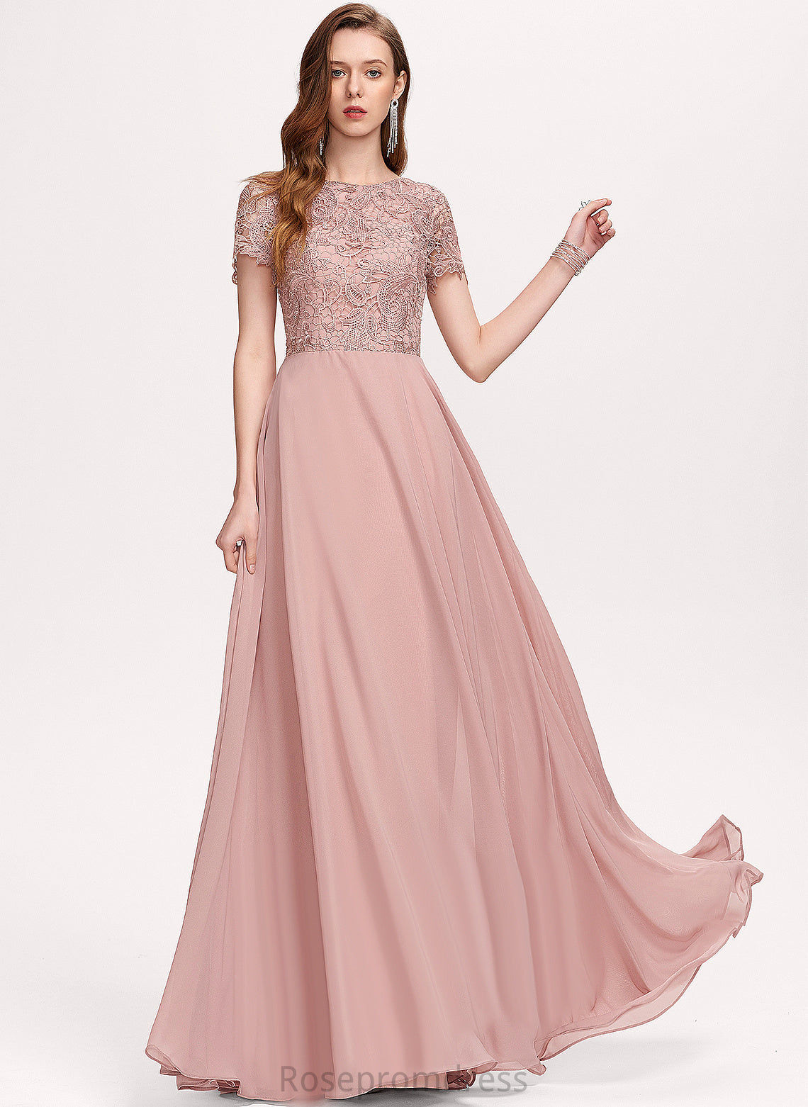 A-Line Scoop Sequins Danielle With Chiffon Floor-Length Lace Prom Dresses