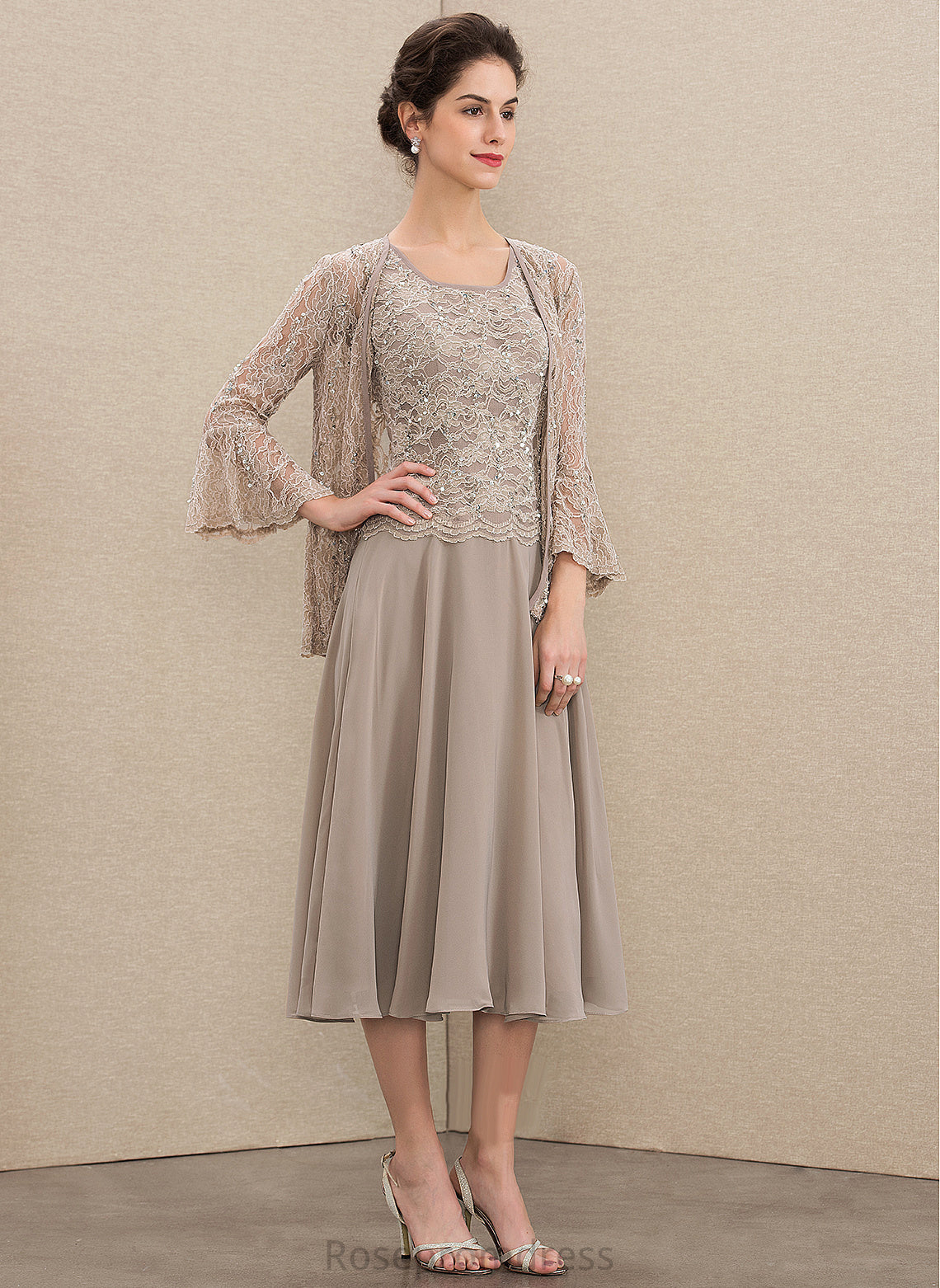 Bride Neck Chiffon Mother of the Bride Dresses Sequins Scoop the Emery With Lace A-Line Dress of Mother Tea-Length