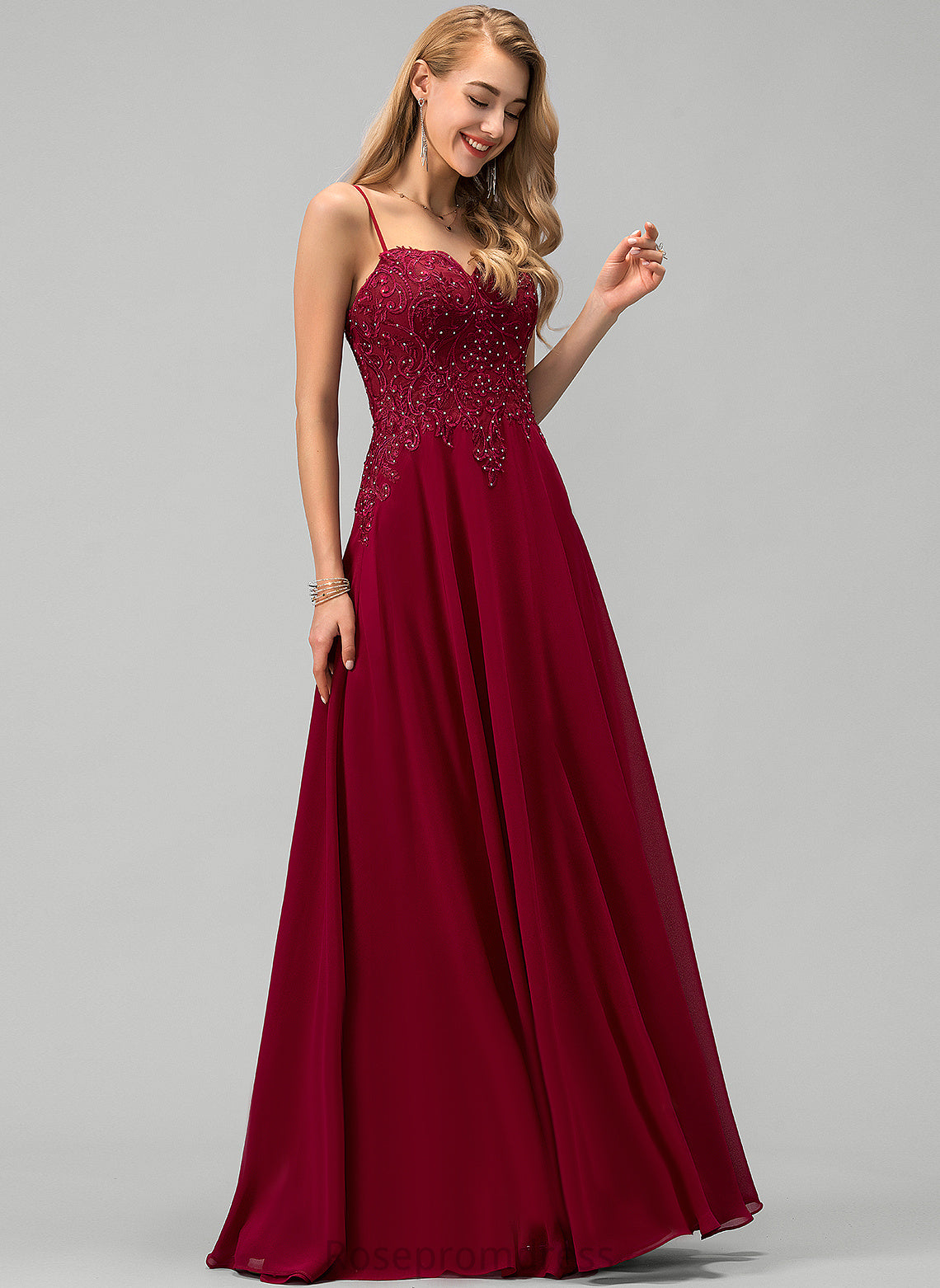 With Floor-Length Kaylynn Chiffon Rhinestone Lace Sweetheart A-Line Prom Dresses