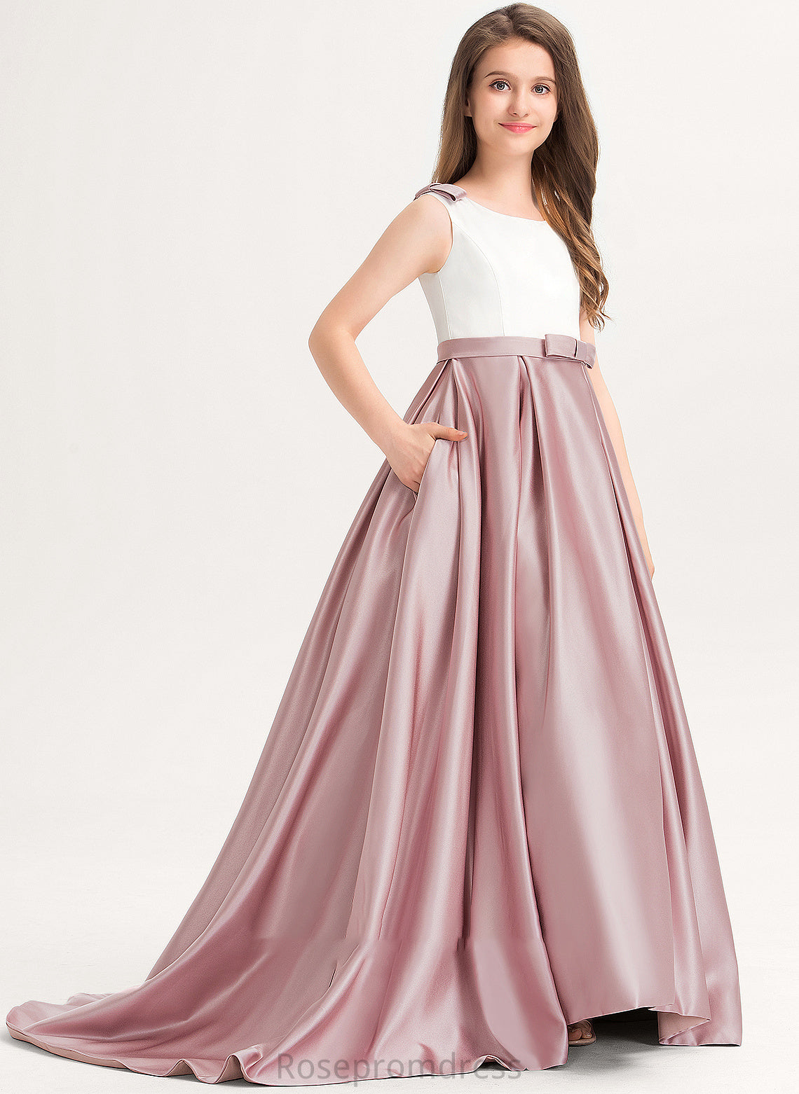 Kamryn Neck Bow(s) Sweep Ball-Gown/Princess Train Satin Junior Bridesmaid Dresses With Scoop Pockets