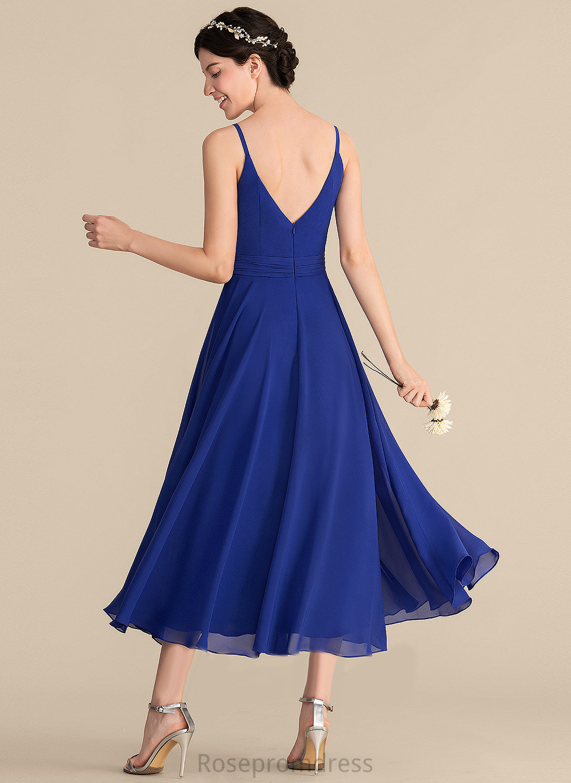 Neckline Tea-Length Silhouette A-line Embellishment Fabric V-Neck Length Cloe Bridesmaid Dresses