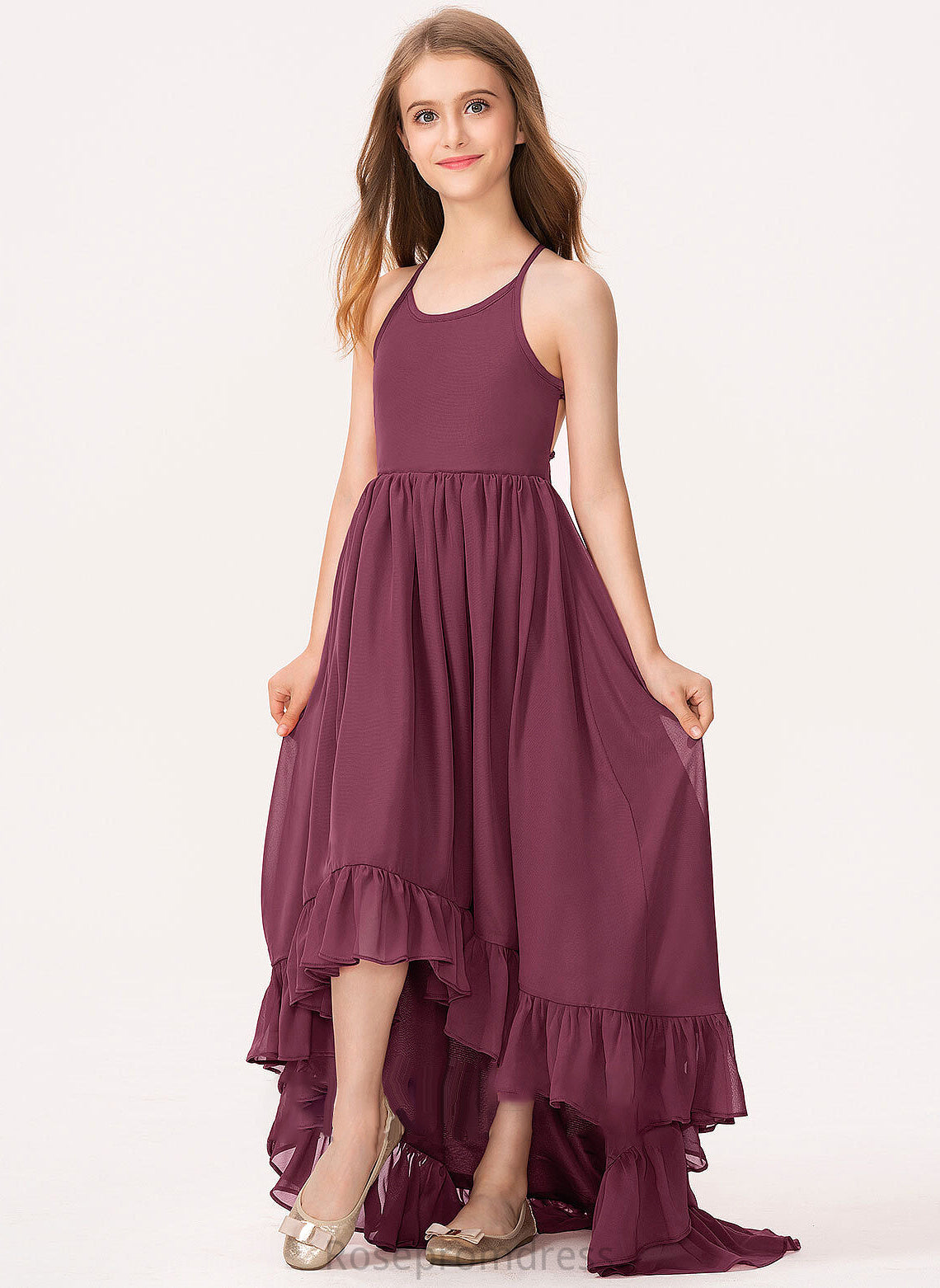 Neck Bow(s) Ruffles Asymmetrical With Marely Junior Bridesmaid Dresses Scoop Cascading Chiffon A-Line