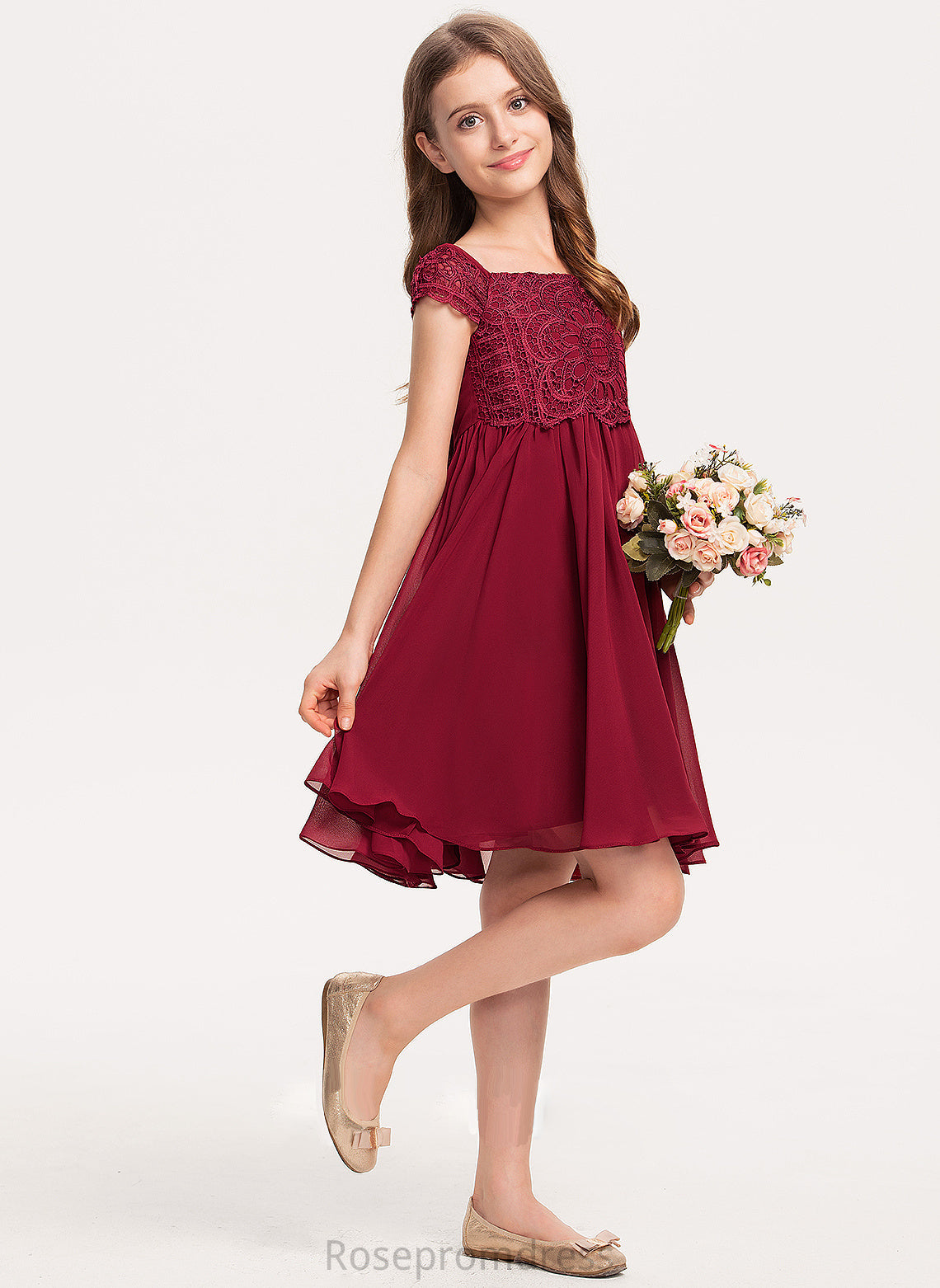 A-Line With Junior Bridesmaid Dresses Jayda Lace Bow(s) Off-the-Shoulder Chiffon Knee-Length