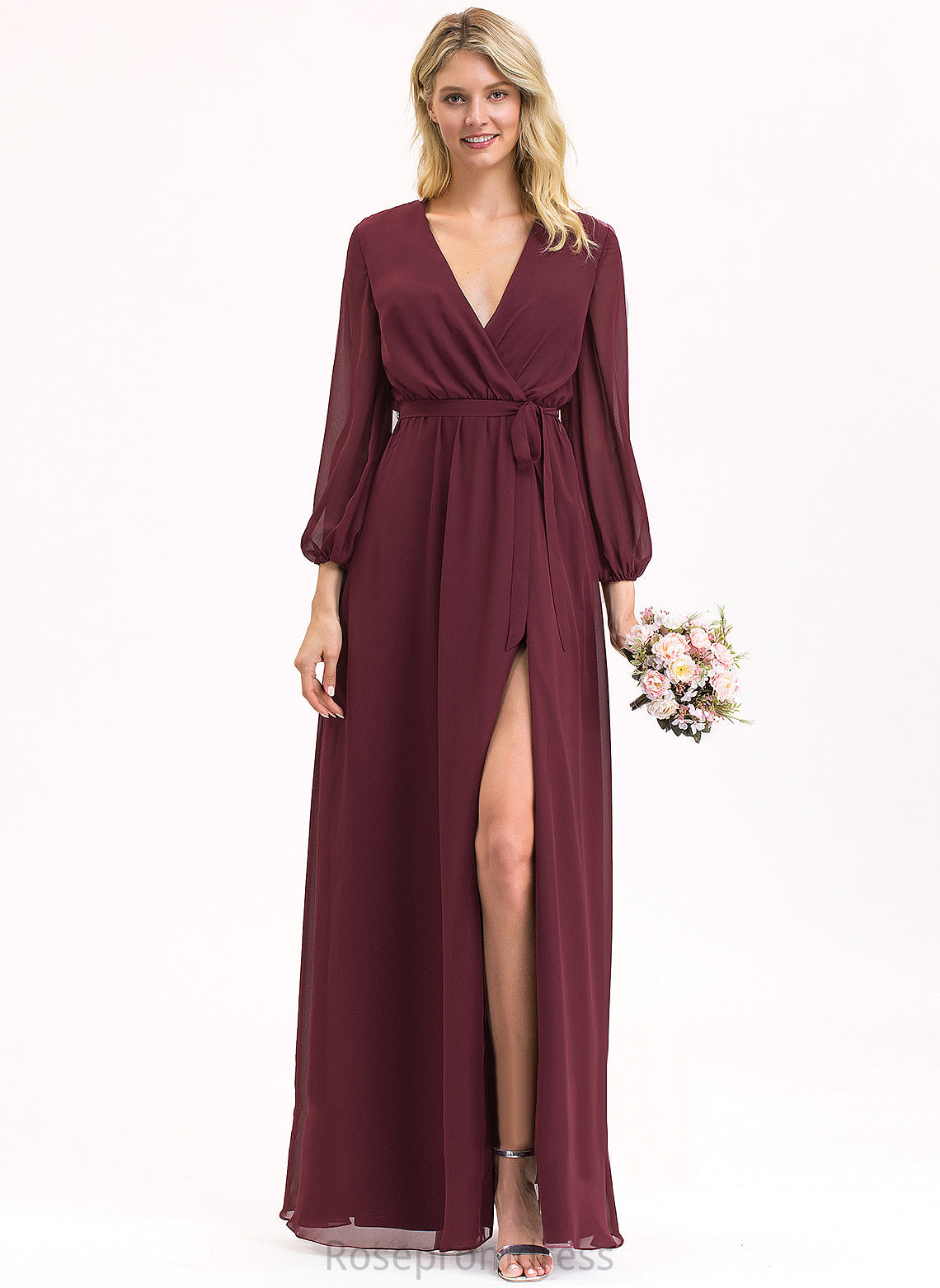 Fabric Pleated Length Bow(s) A-Line Embellishment V-neck Floor-Length Silhouette Neckline Violet Bridesmaid Dresses